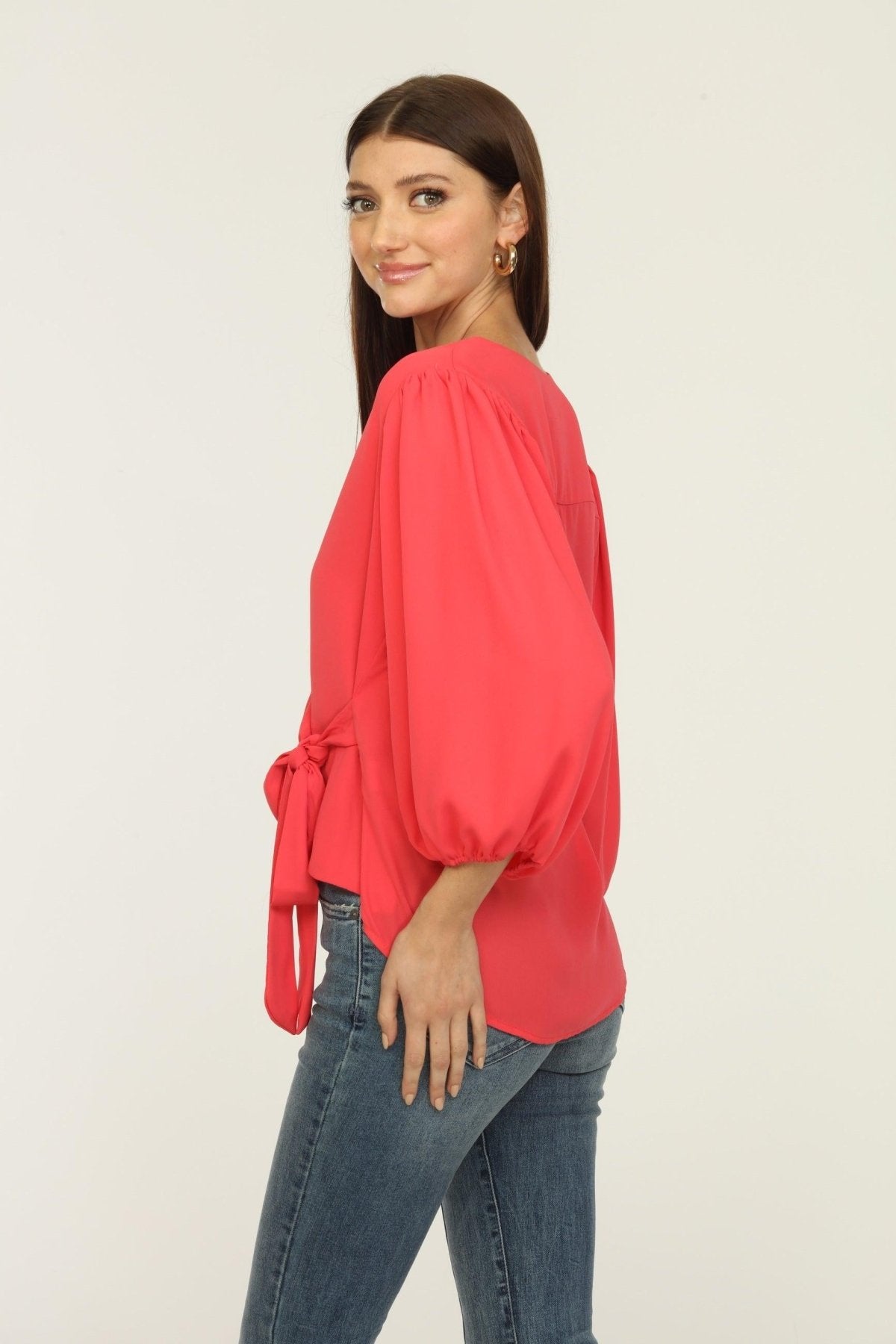 Coral Bubble Sleeve Wrap Blouse-FINAL SALE