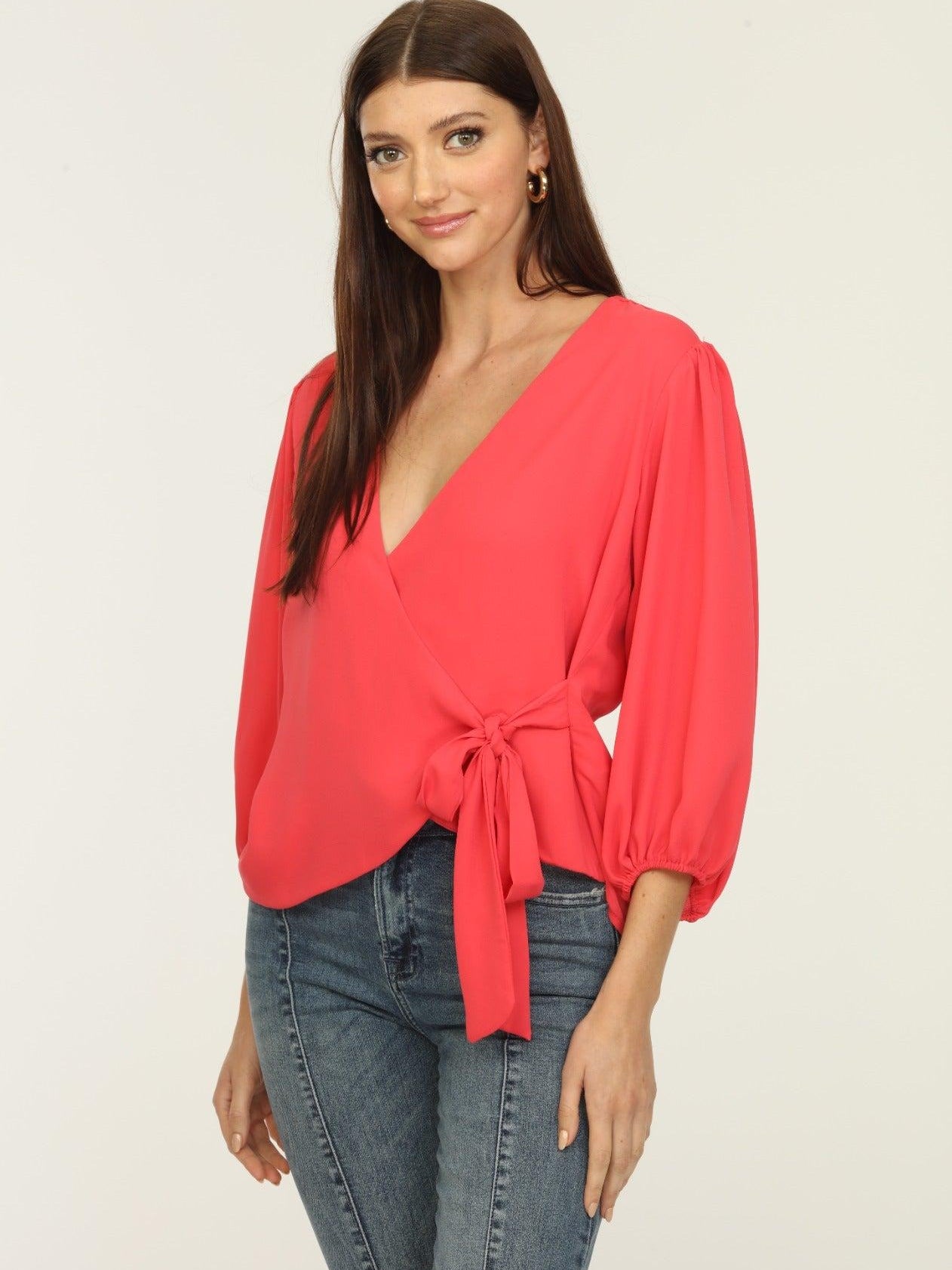 Coral Bubble Sleeve Wrap Blouse-FINAL SALE