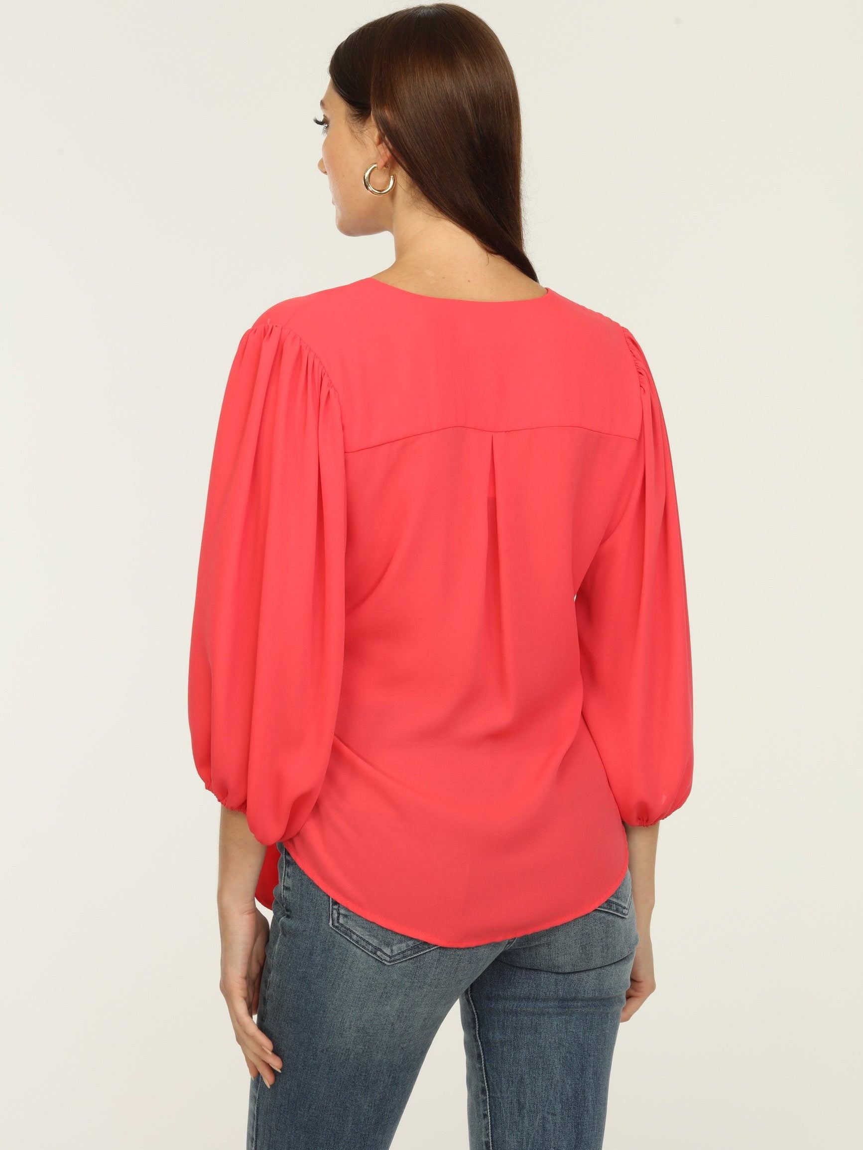 Coral Bubble Sleeve Wrap Blouse-FINAL SALE