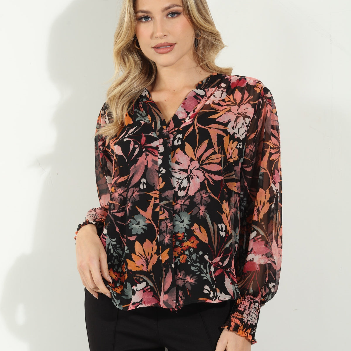 Avril Chiffon Surplice Smocked Blouse - Best Seller