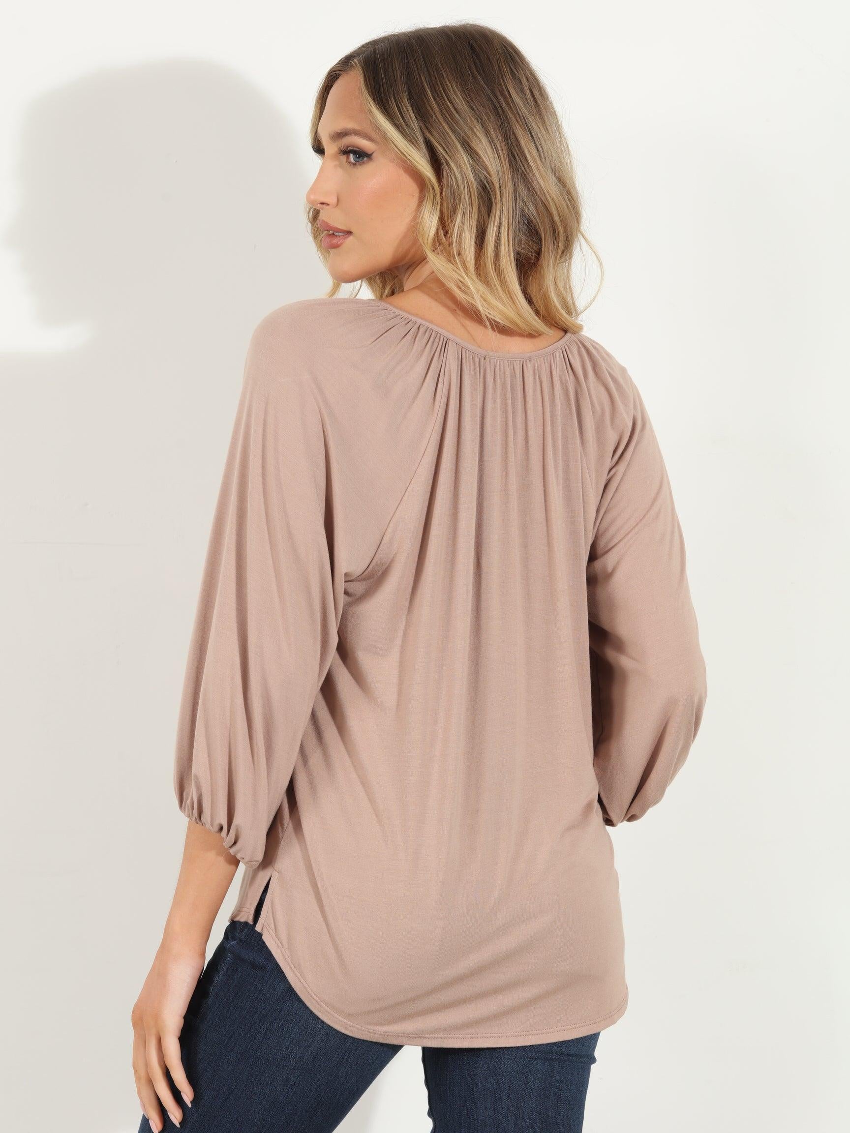 Camel Cupro Stretch Split Neck Top