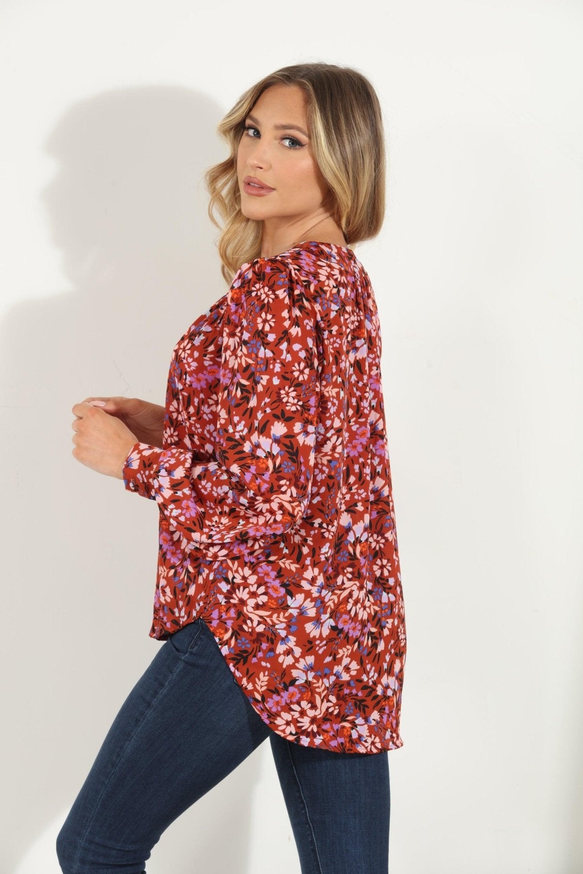 Sofie V Neck Cuffed Blouse-FINAL SALE