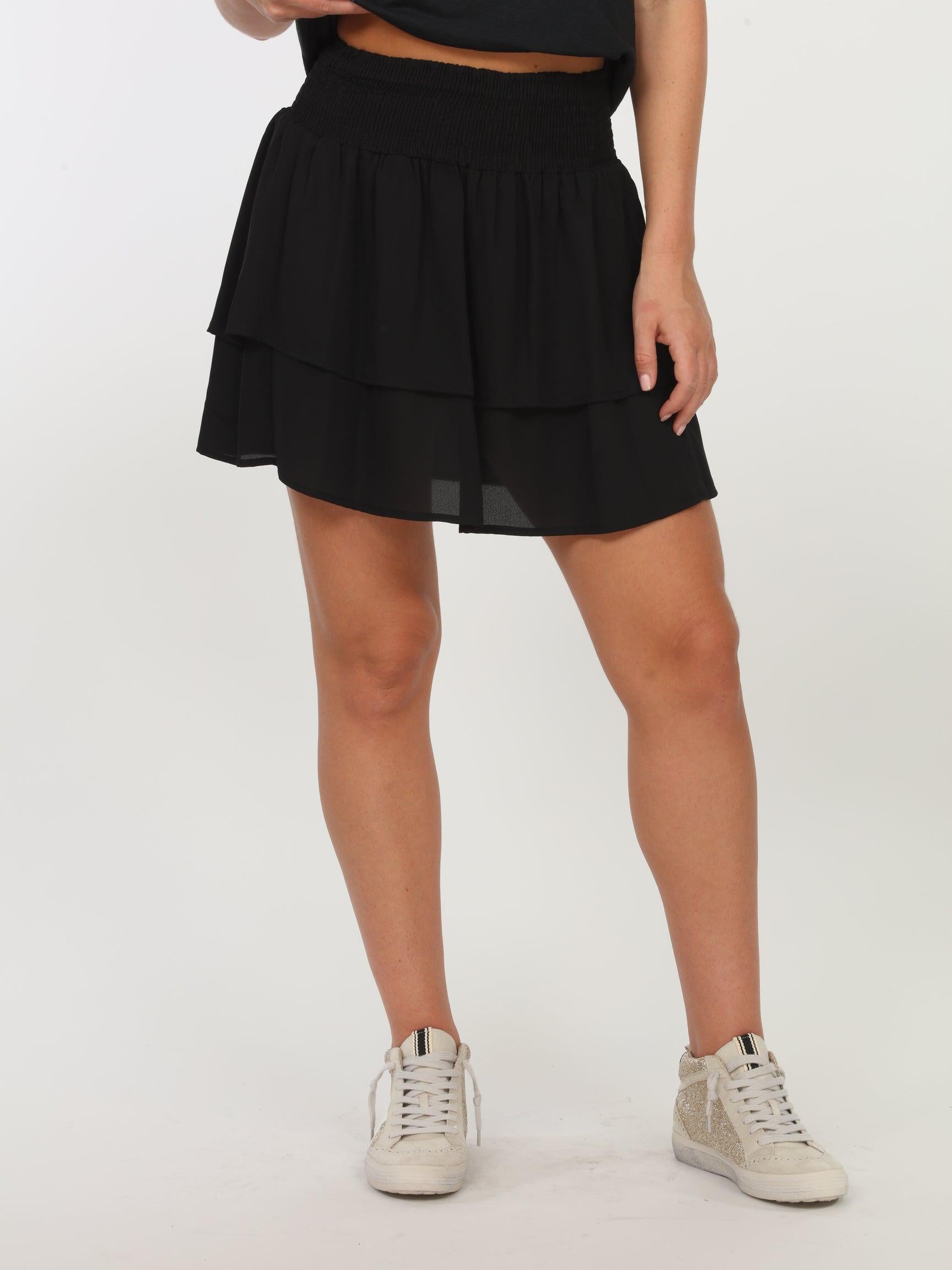 Black Woven Ruffle Smocked Skirt