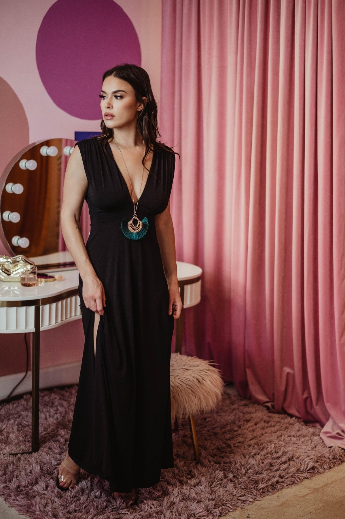 Black Stretch Deep V Maxi Dress-BEST SELLER