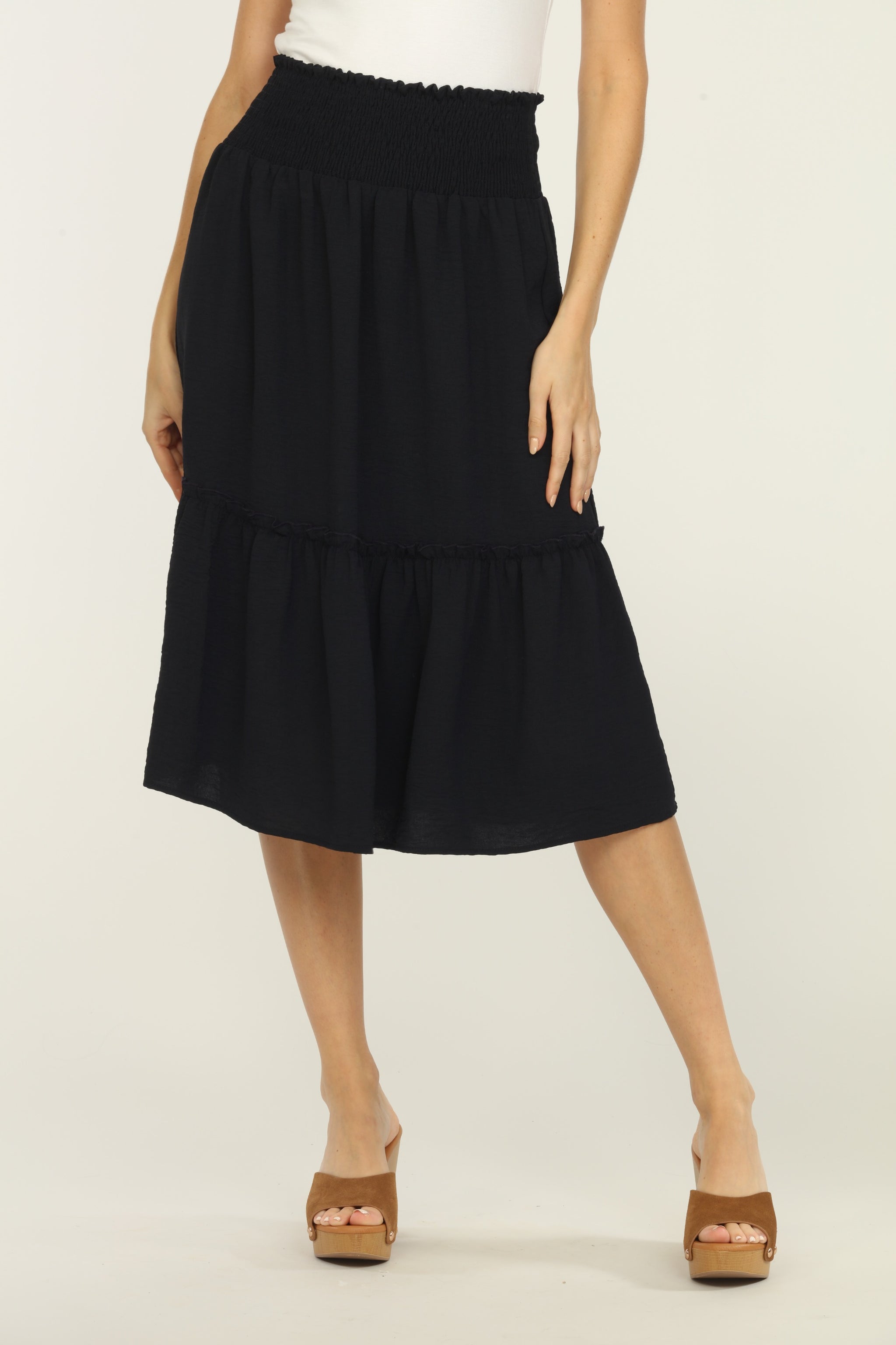 Navy Airflow Smocked Midi Skirt - Final Sale