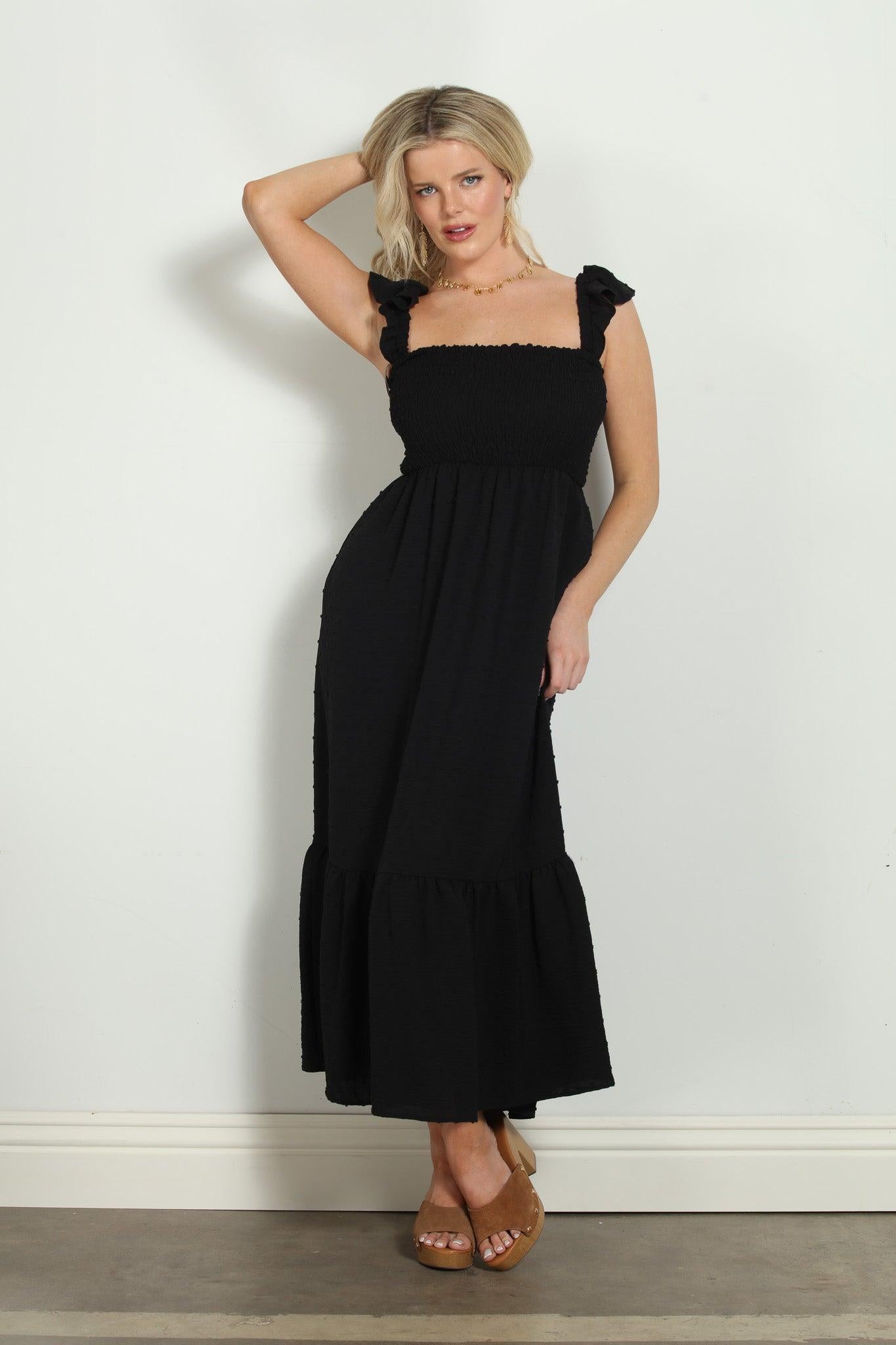 Black Airflow Smocked Tank Maxi Dress