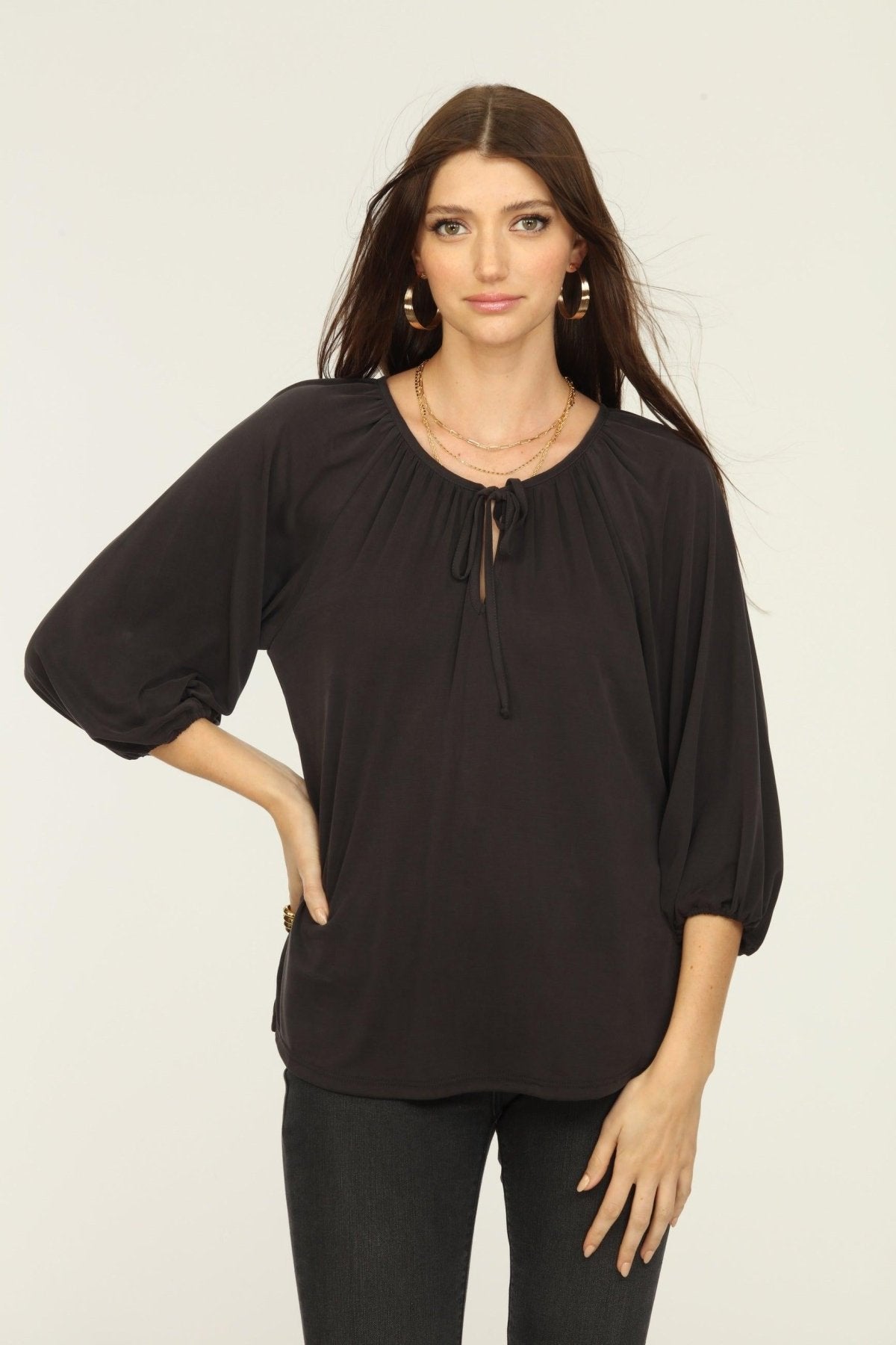 Black Cupro Stretch Split Neck Top-BEST SELLER