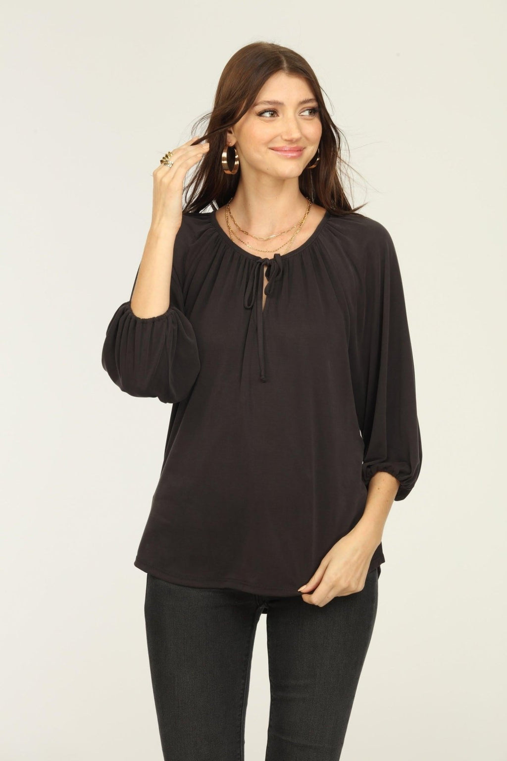 Black Cupro Stretch Split Neck Top-BEST SELLER