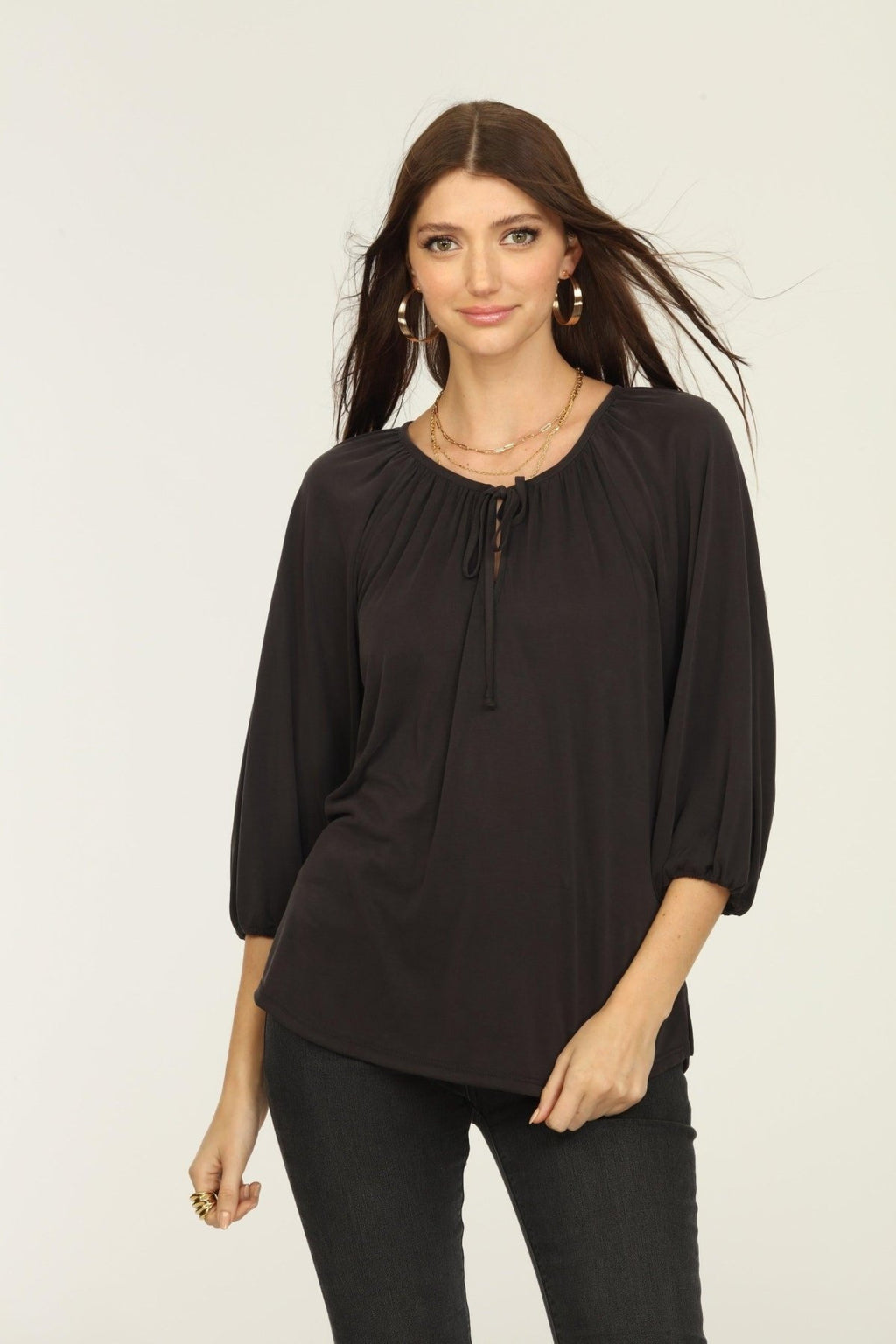 Black Cupro Stretch Split Neck Top-BEST SELLER