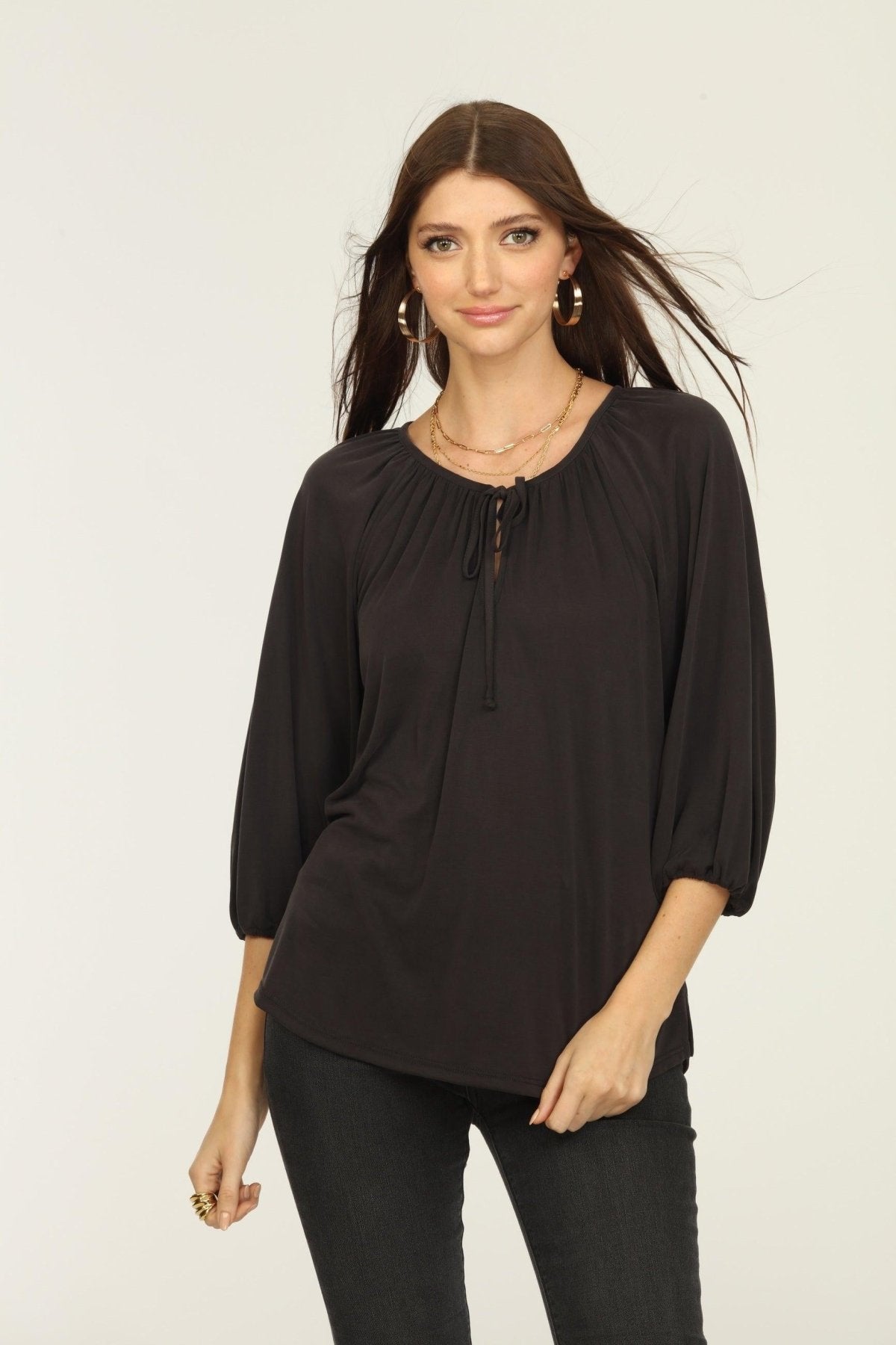 Black Cupro Stretch Split Neck Top-BEST SELLER