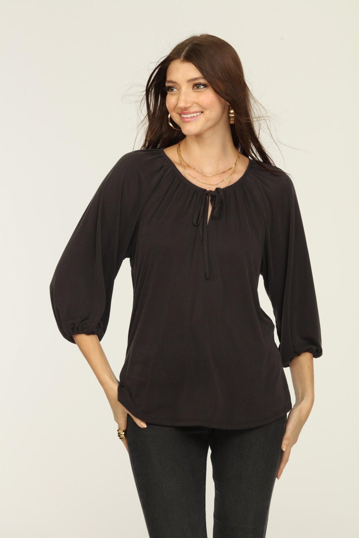 Black Cupro Stretch Split Neck Top-BEST SELLER
