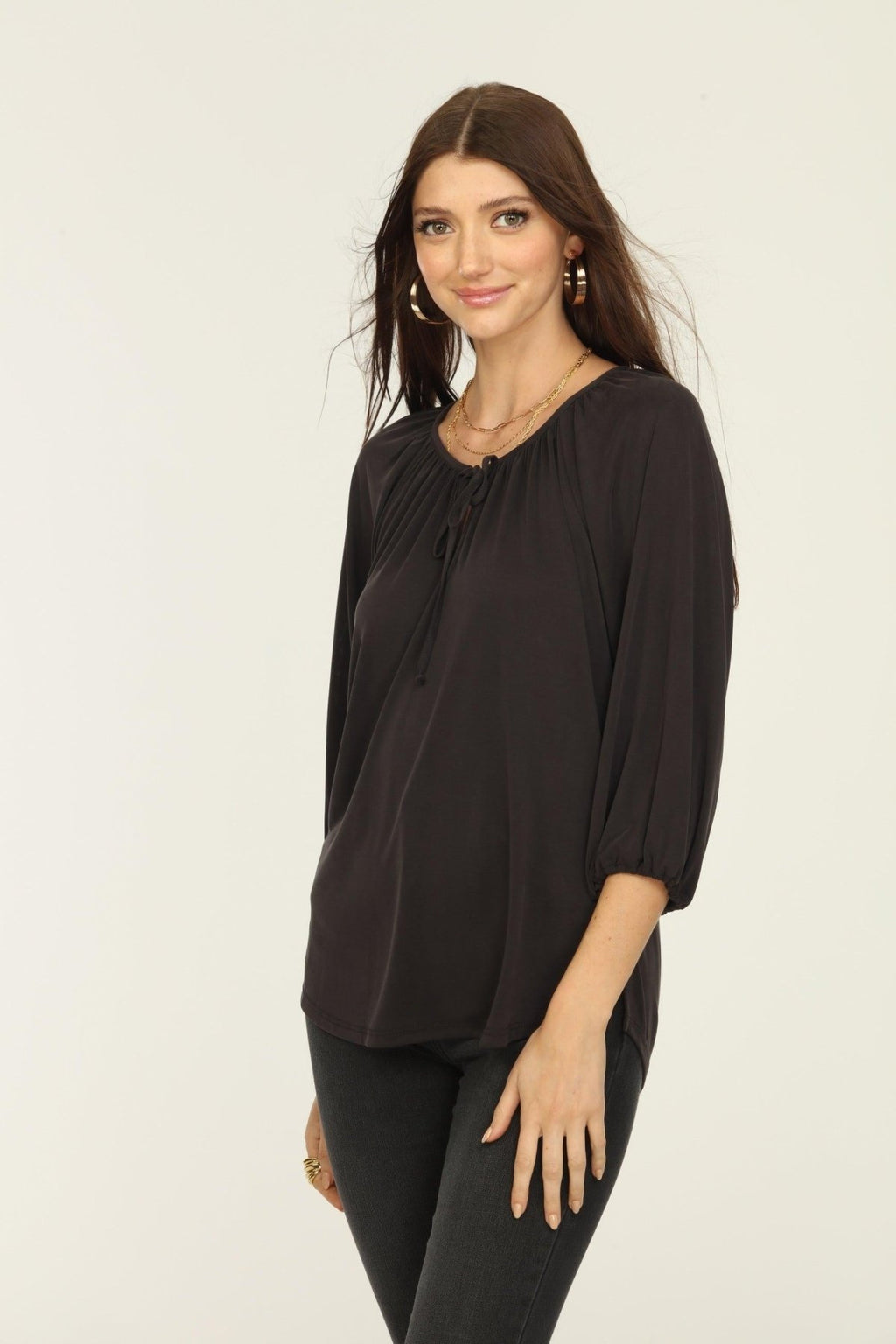 Black Cupro Stretch Split Neck Top-BEST SELLER