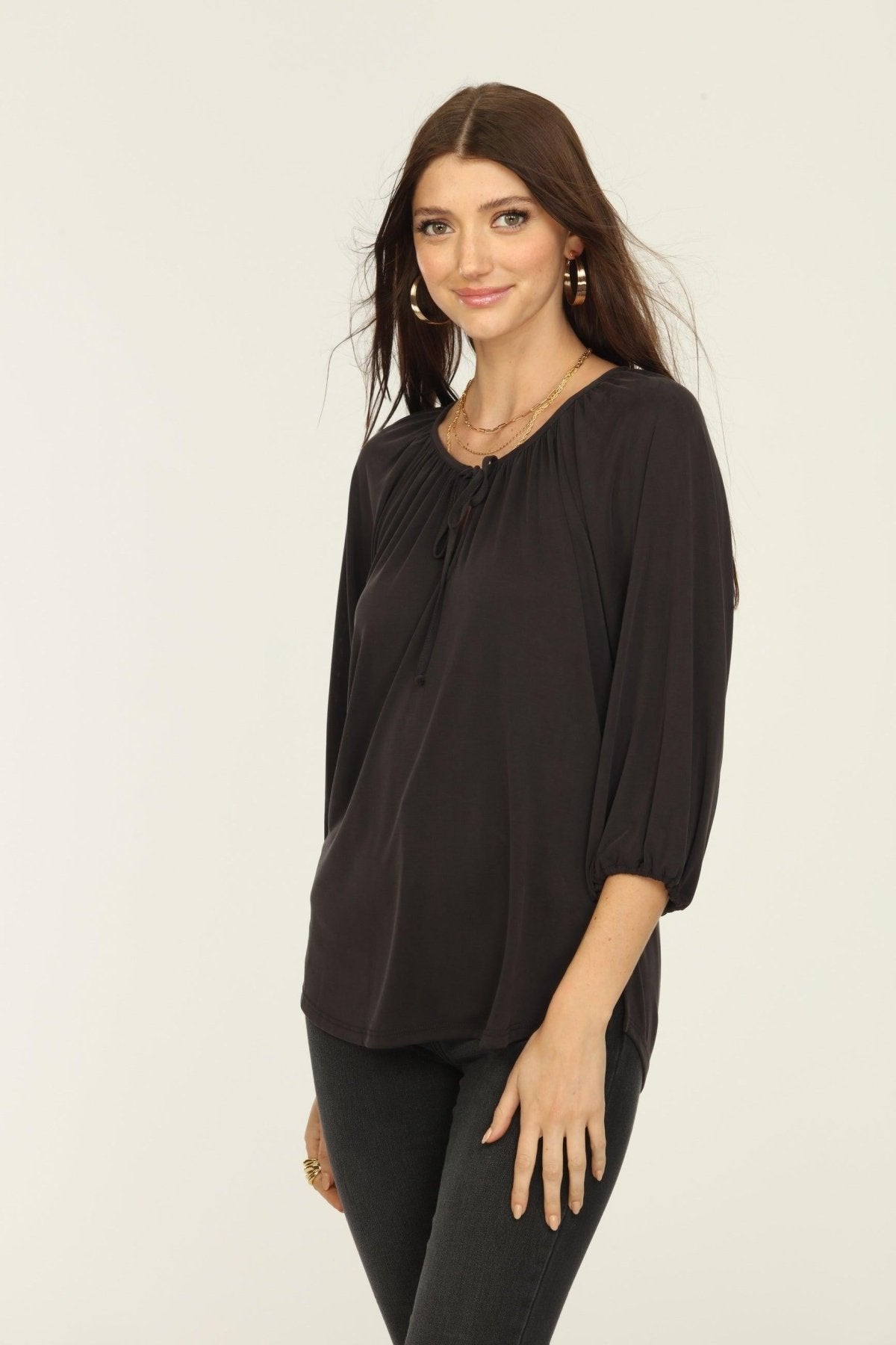 Black Cupro Stretch Split Neck Top-BEST SELLER