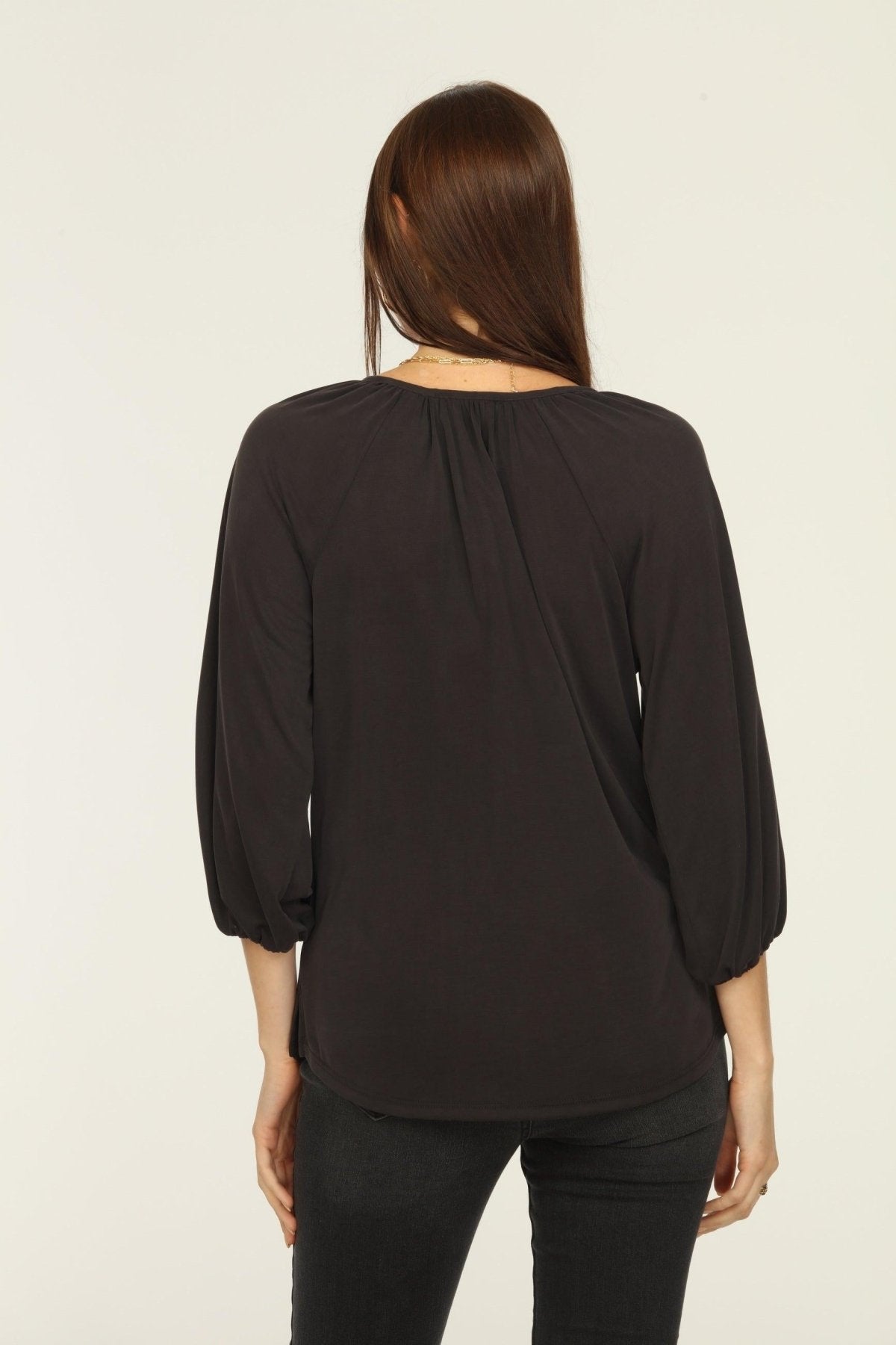 Black Cupro Stretch Split Neck Top-BEST SELLER