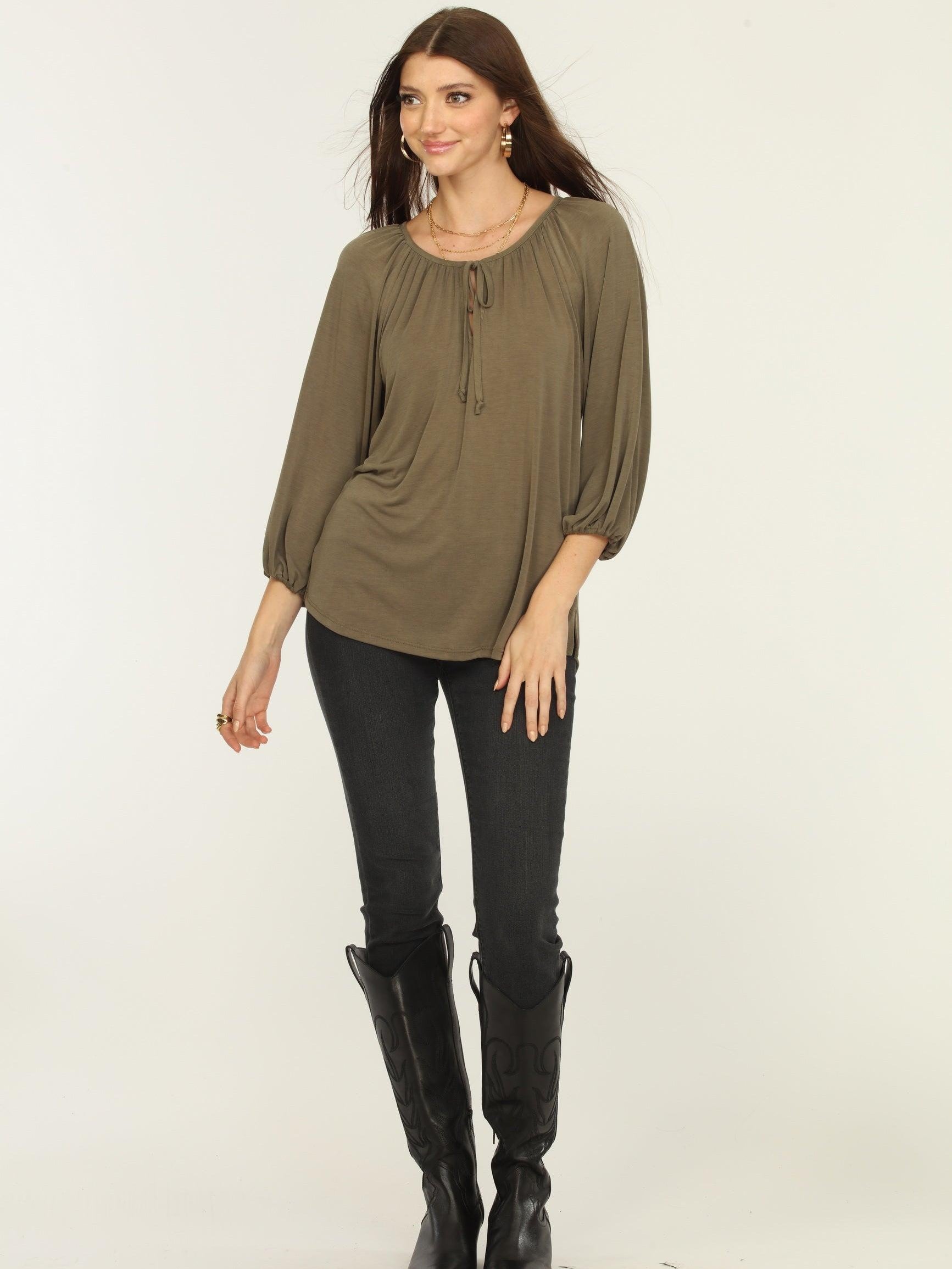 Olive Cupro Stretch Split Neck Top