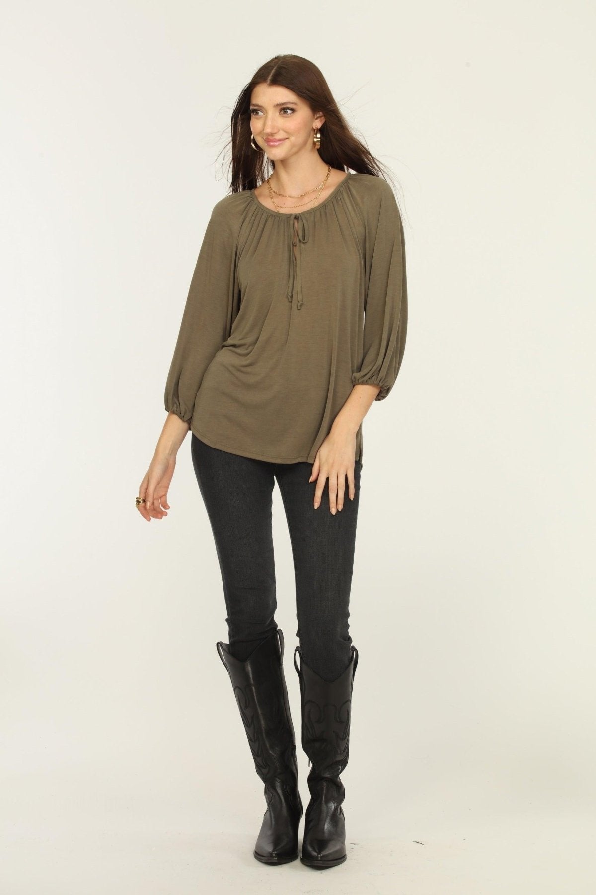 Olive Cupro Stretch Split Neck Top-BEST SELLER