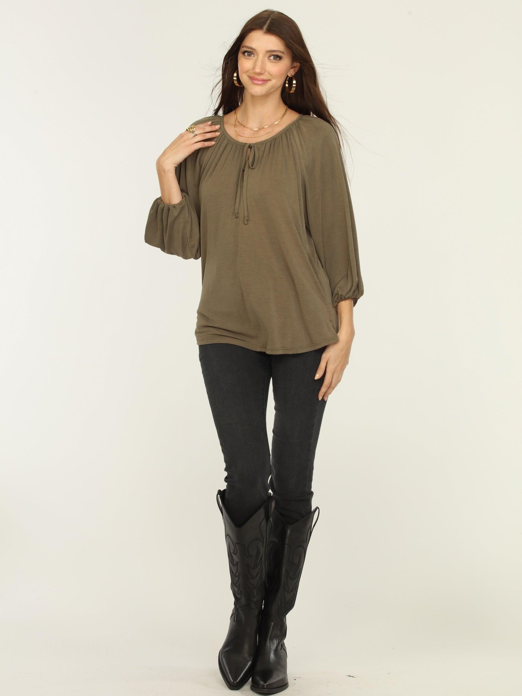 Olive Cupro Stretch Split Neck Top