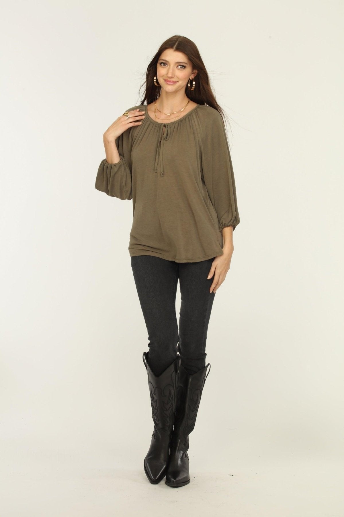 Olive Cupro Stretch Split Neck Top
