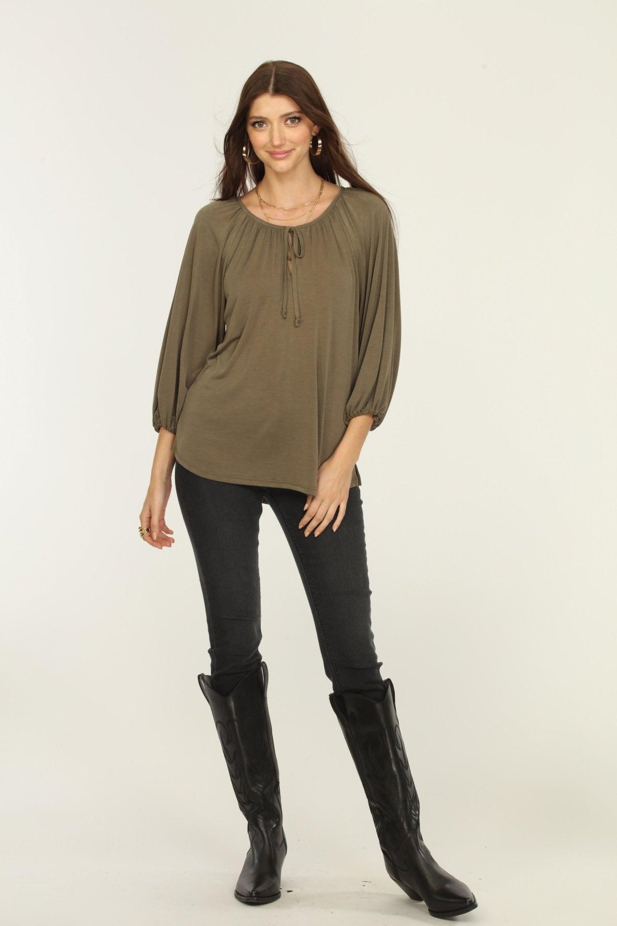 Olive Cupro Stretch Split Neck Top
