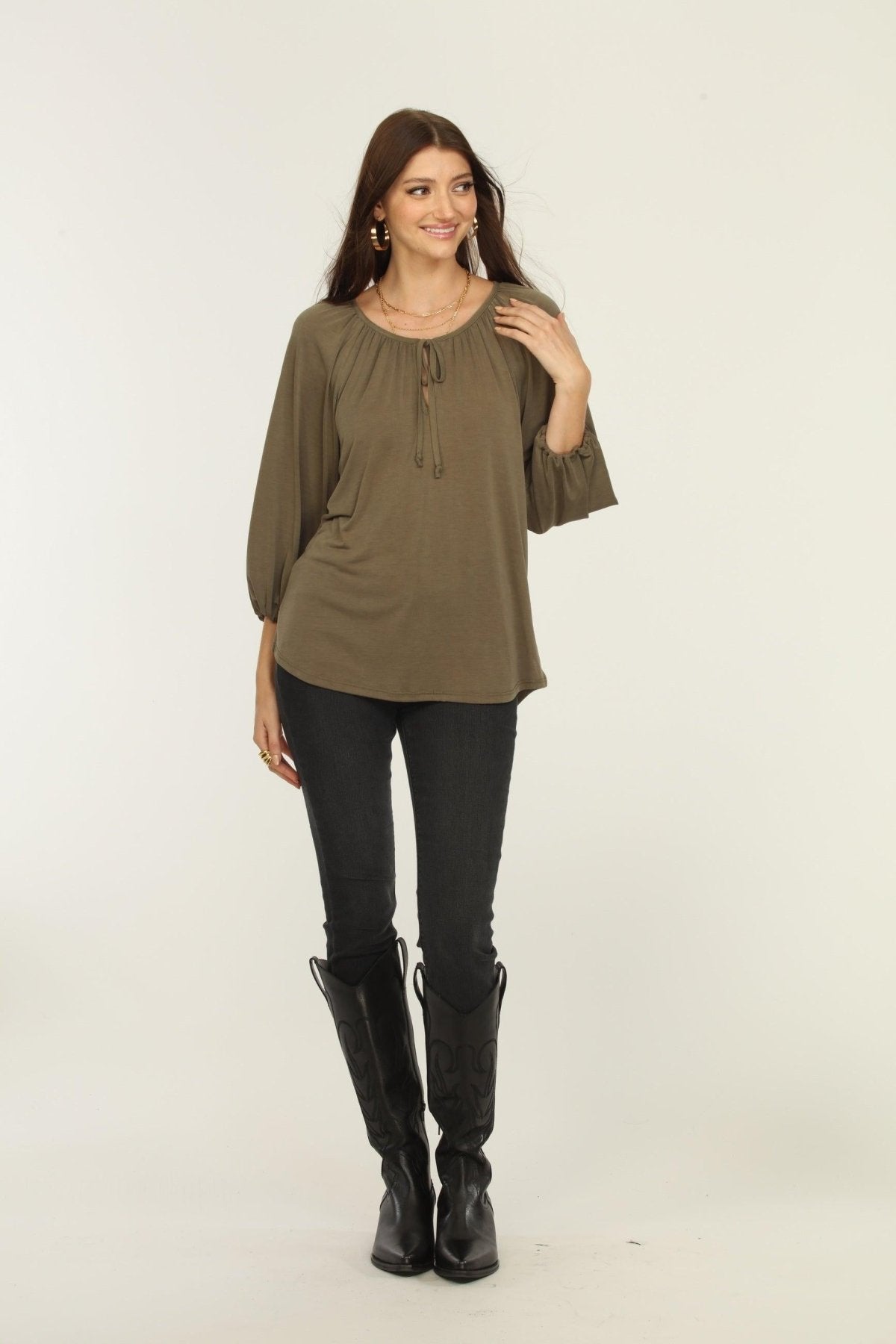 Olive Cupro Stretch Split Neck Top