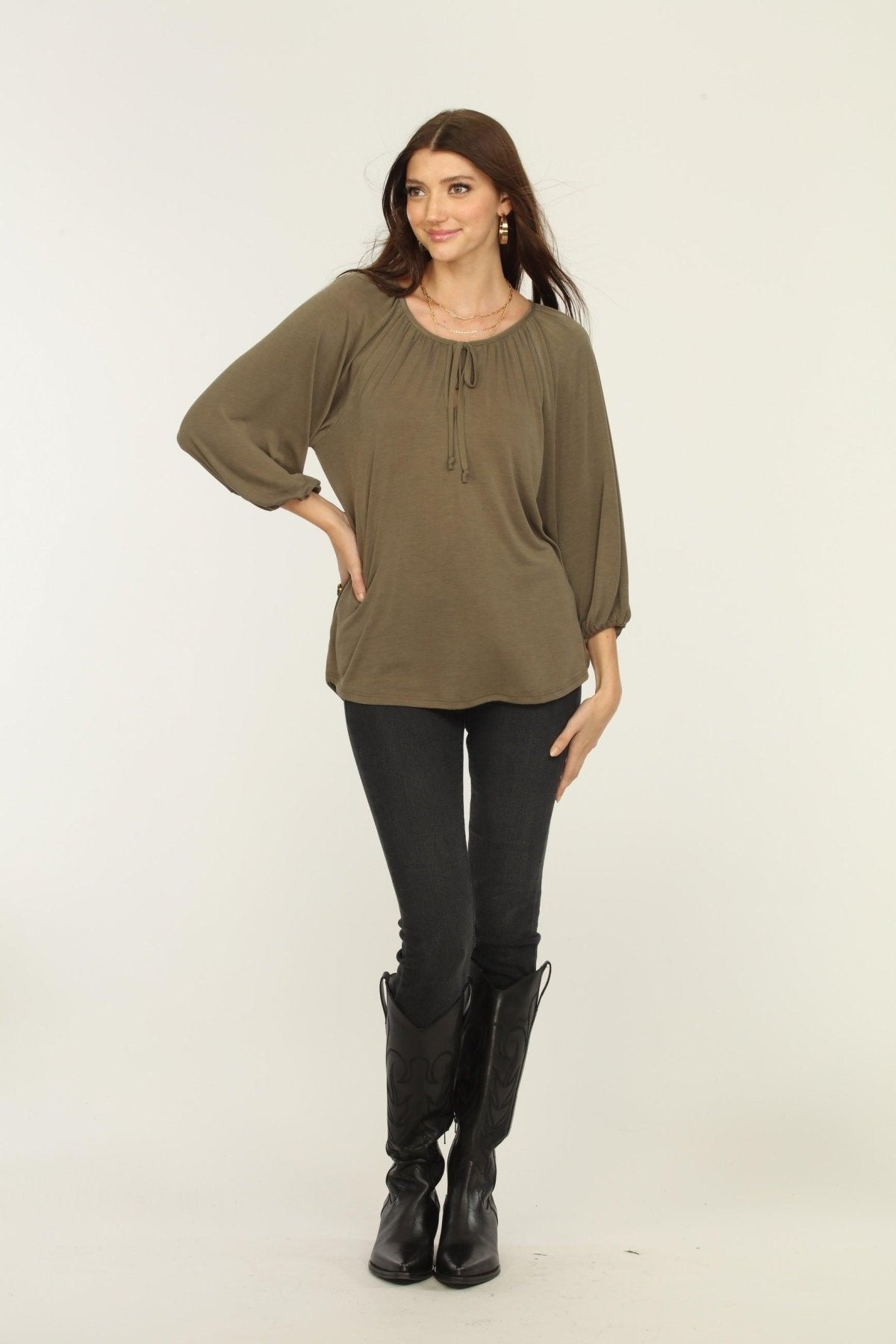 Olive Cupro Stretch Split Neck Top
