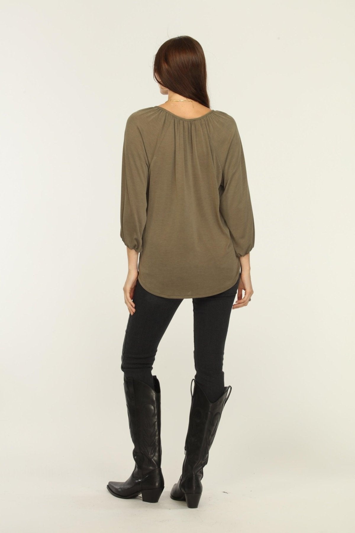 Olive Cupro Stretch Split Neck Top