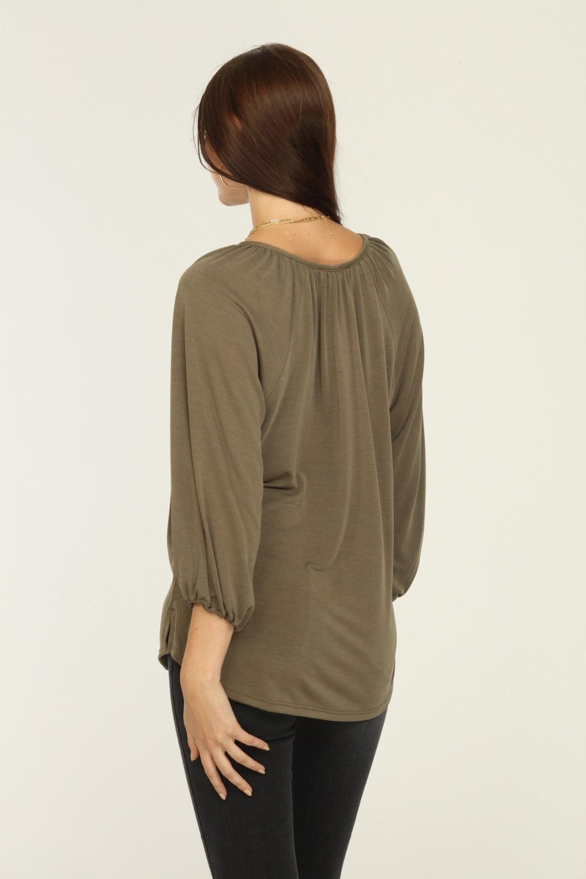 Olive Cupro Stretch Split Neck Top