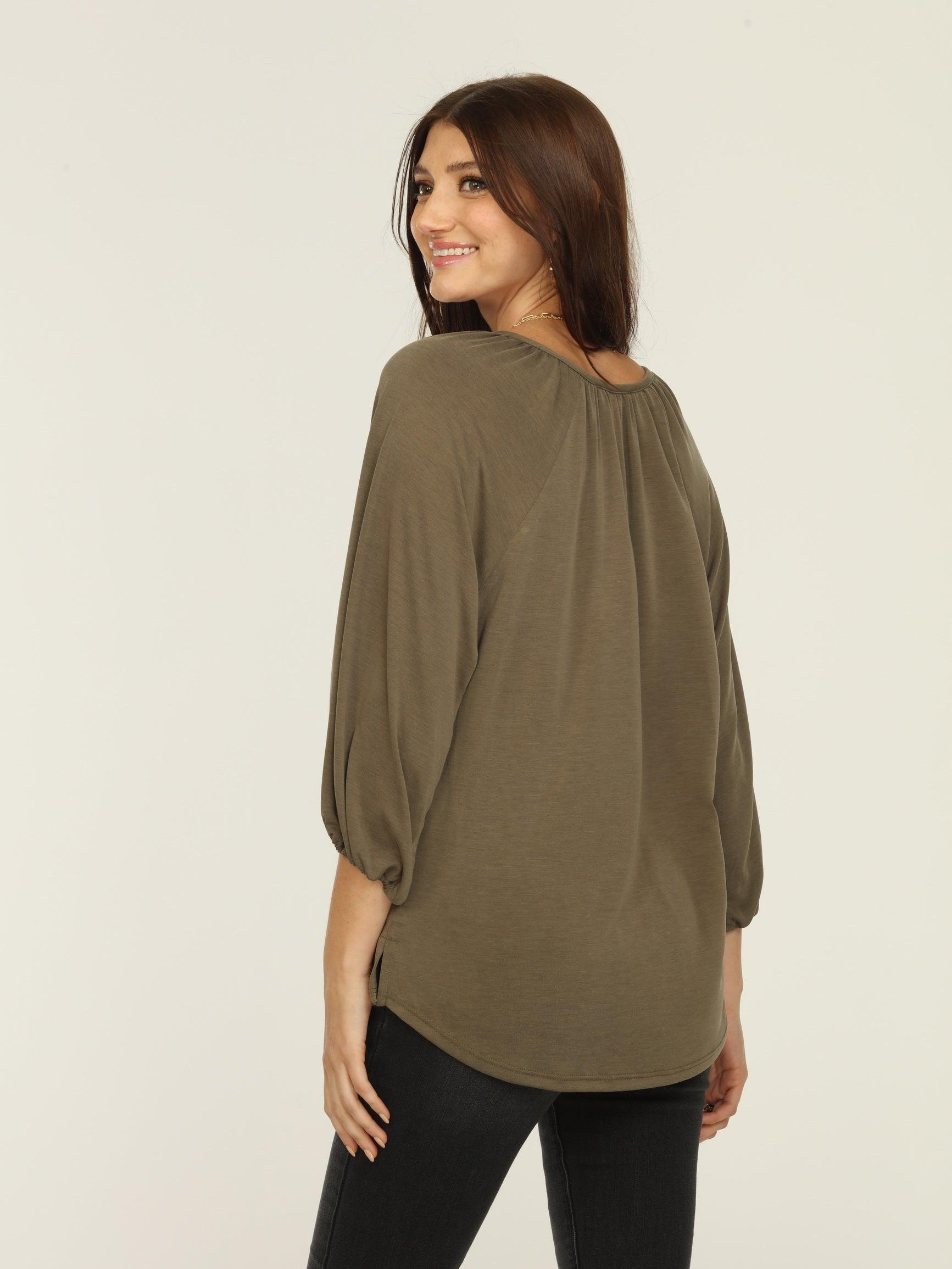 Olive Cupro Stretch Split Neck Top