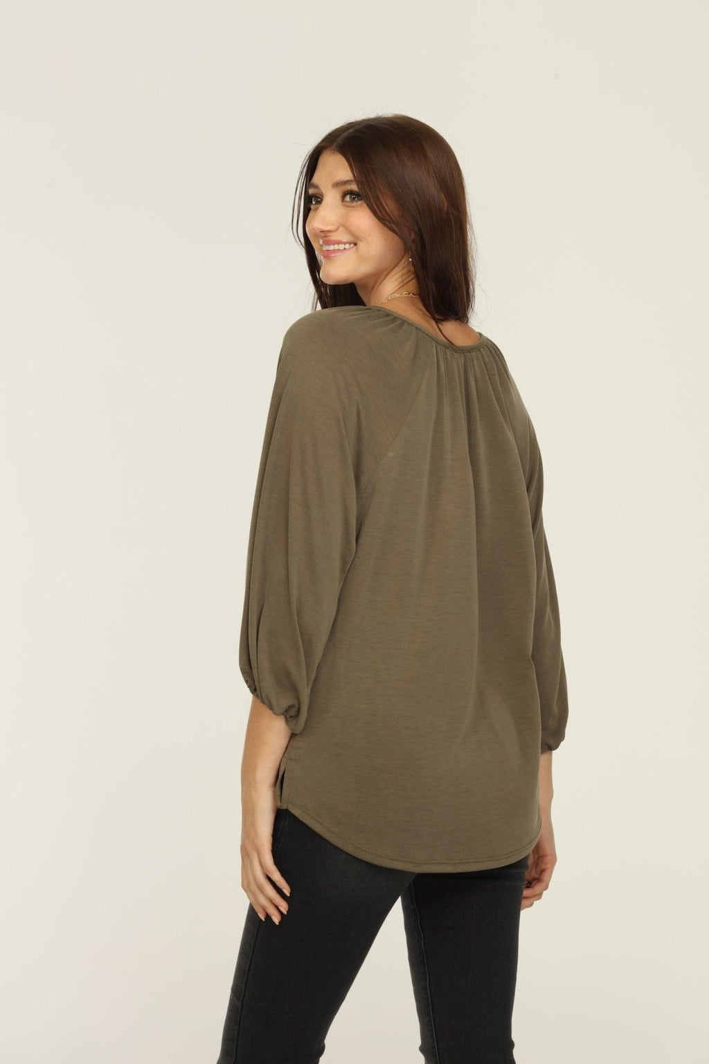 Olive Cupro Stretch Split Neck Top-BEST SELLER
