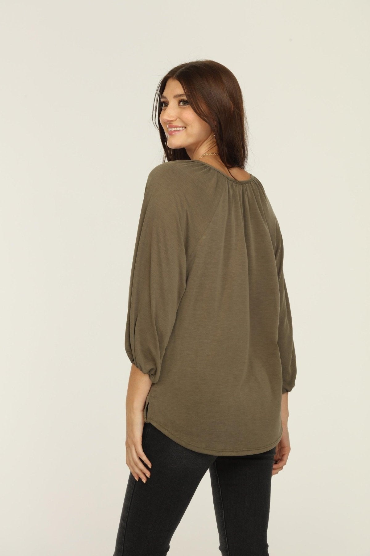 Olive Cupro Stretch Split Neck Top-BEST SELLER