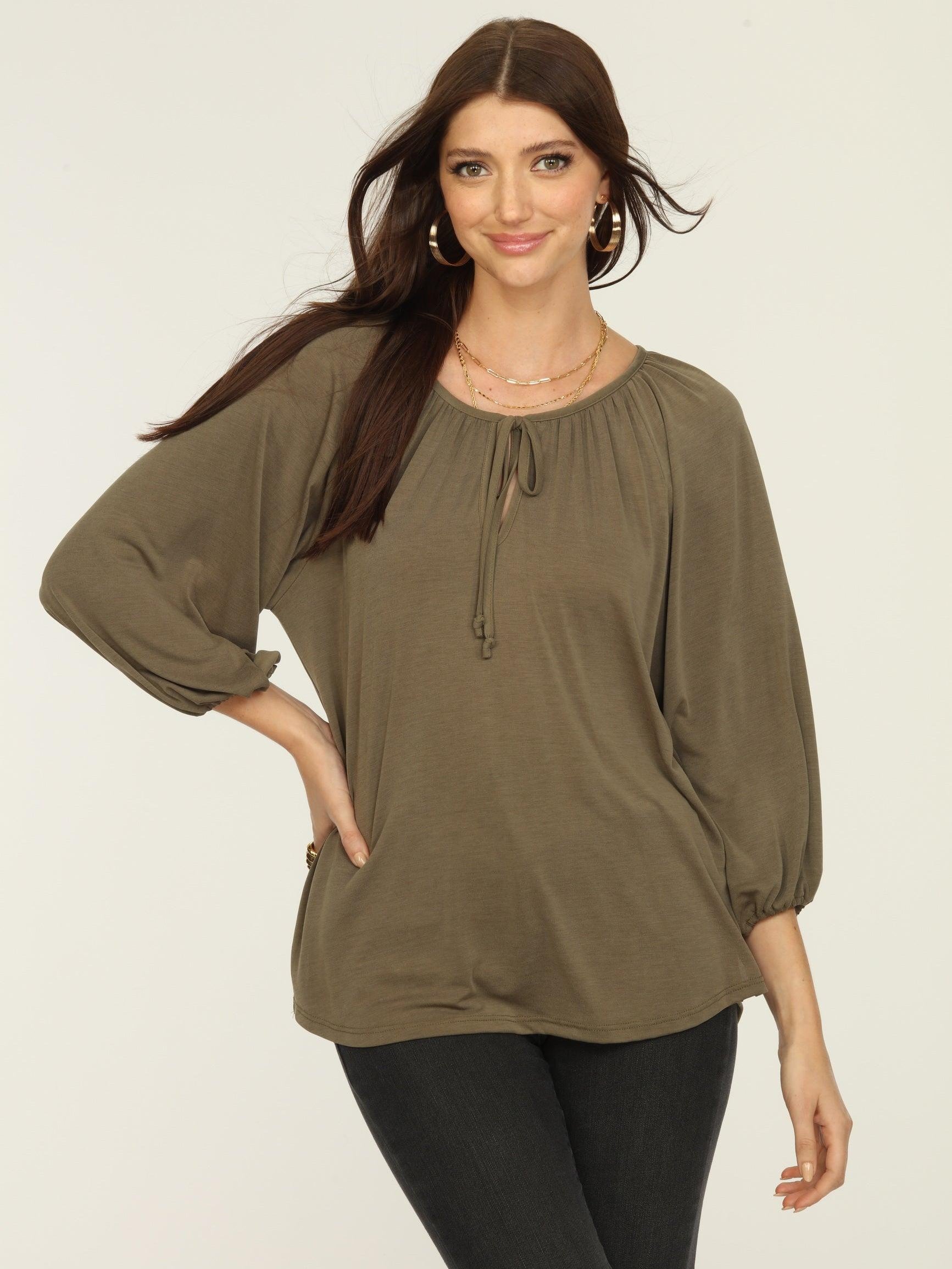 Olive Cupro Stretch Split Neck Top