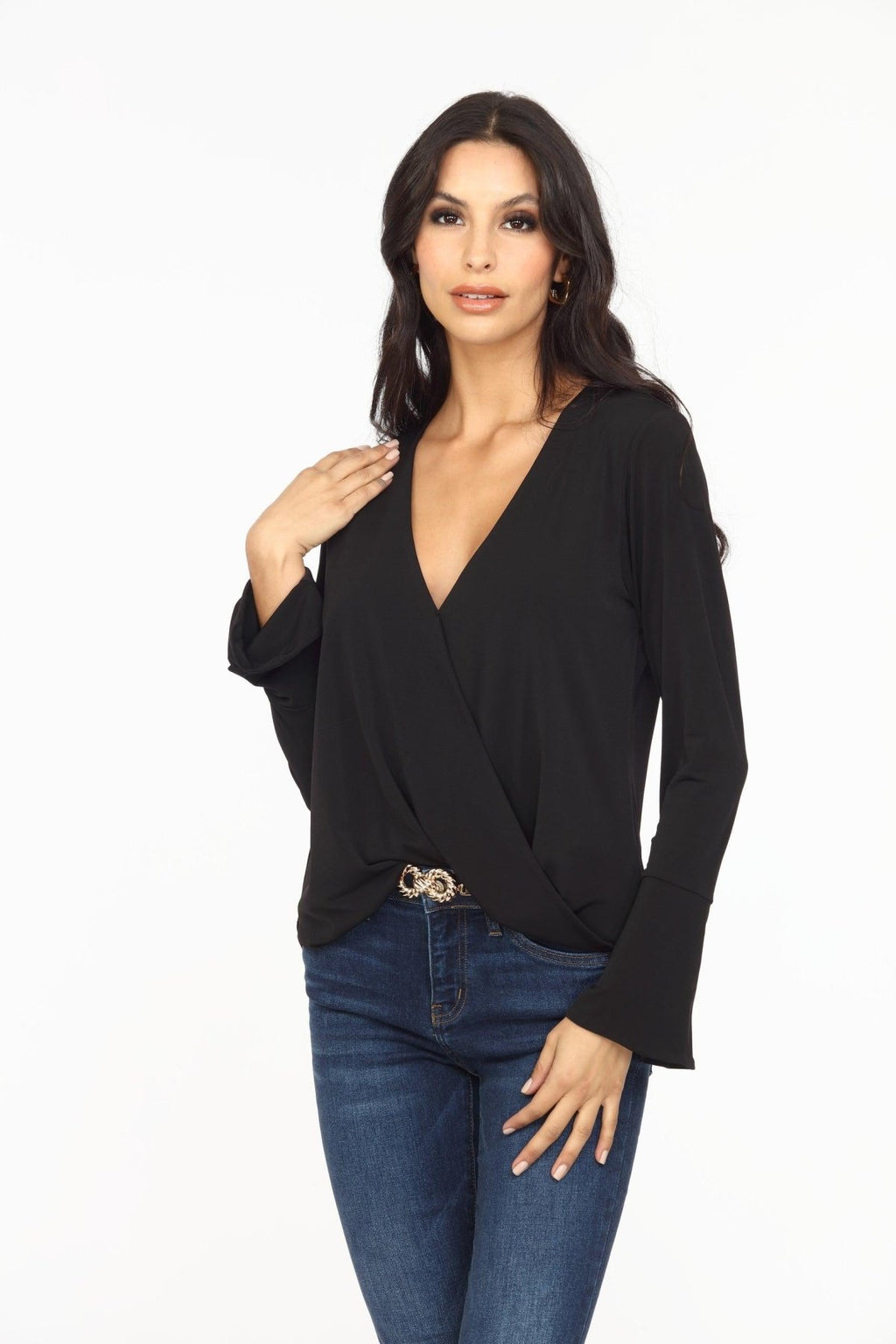 Black ITY Surplice Bell Sleeve Top - BEST SELLER