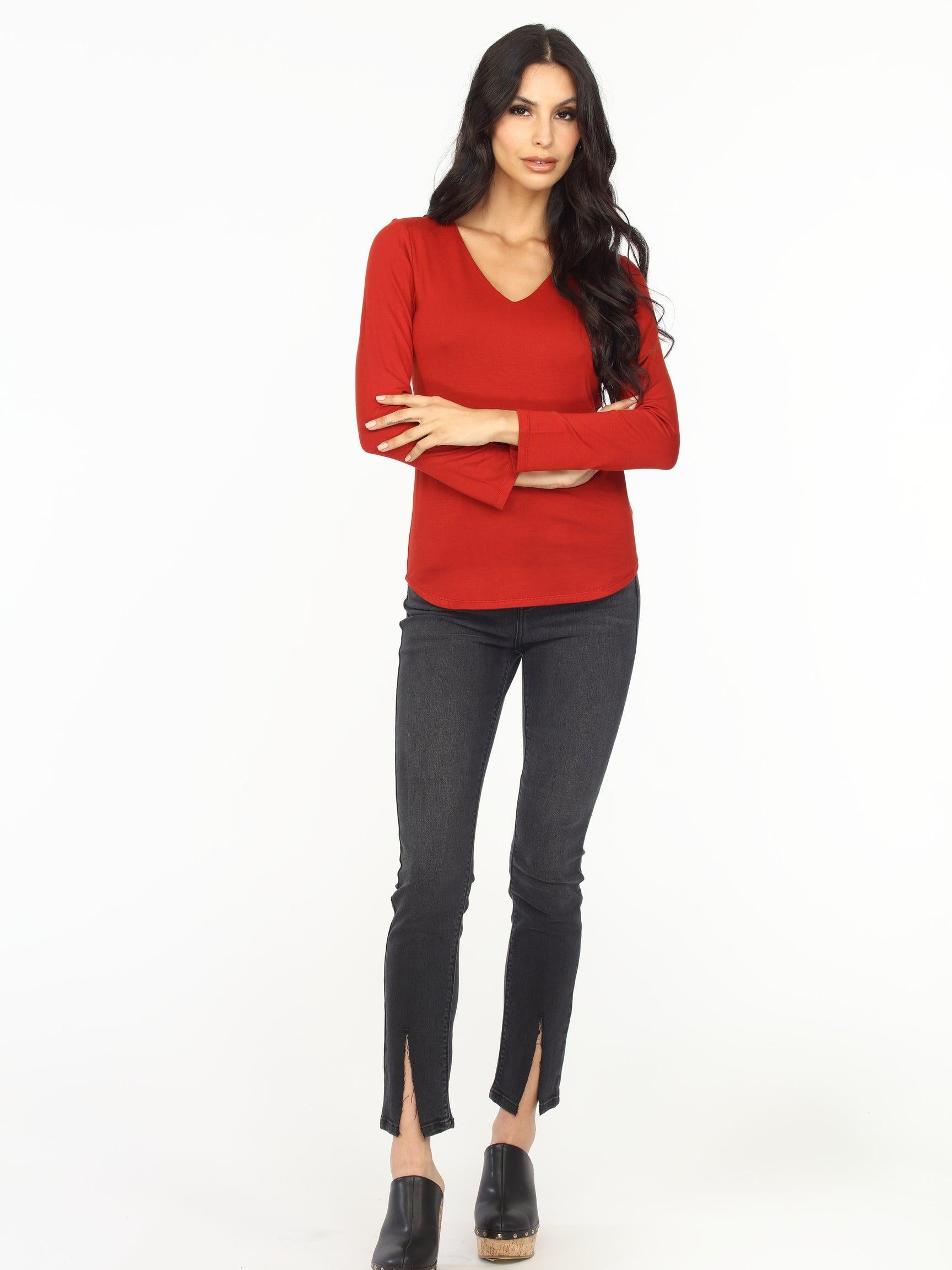 Brick Lined V-Neck Long Sleeve Top-FINAL SALE
