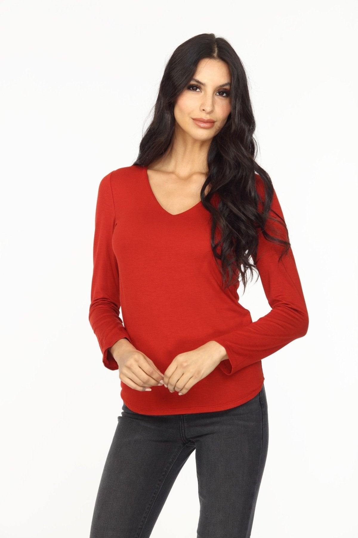 Brick Lined V-Neck Long Sleeve Top-FINAL SALE