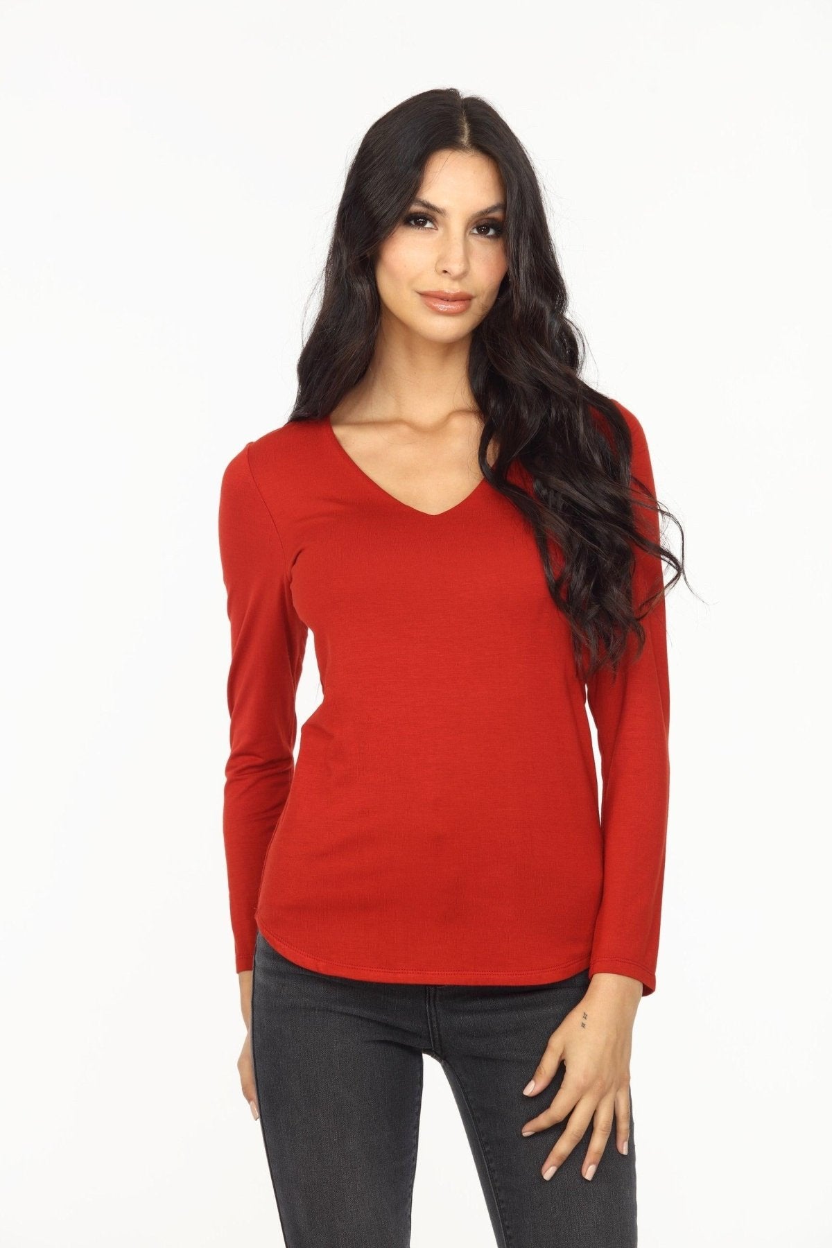 Brick Lined V-Neck Long Sleeve Top-FINAL SALE