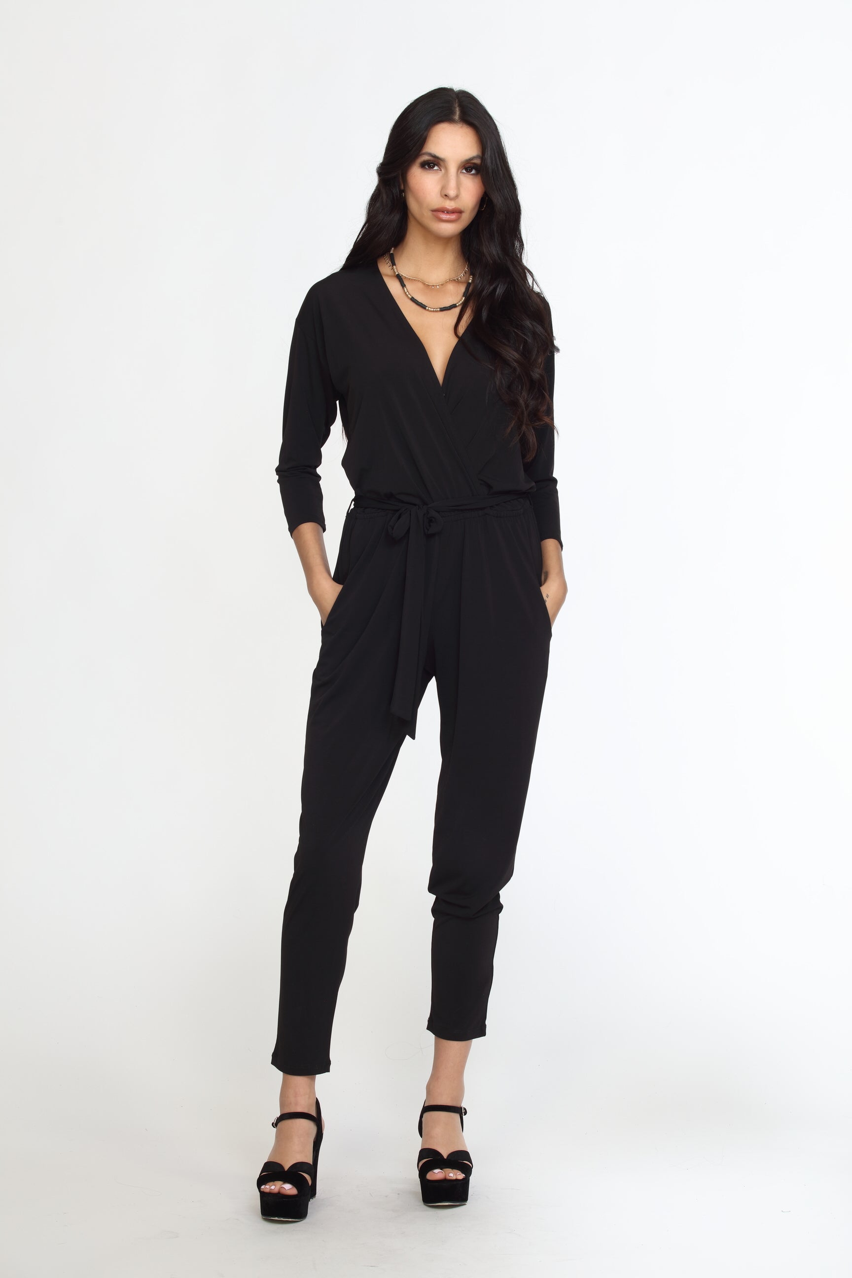 Black Stretch 3/4 Sleeve Jumpsuit