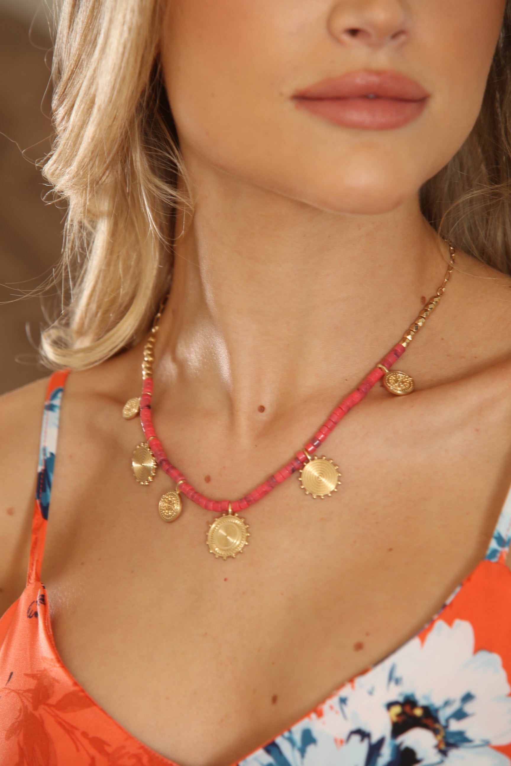 Multi Coin Coral Beaded Necklace-FINAL SALE