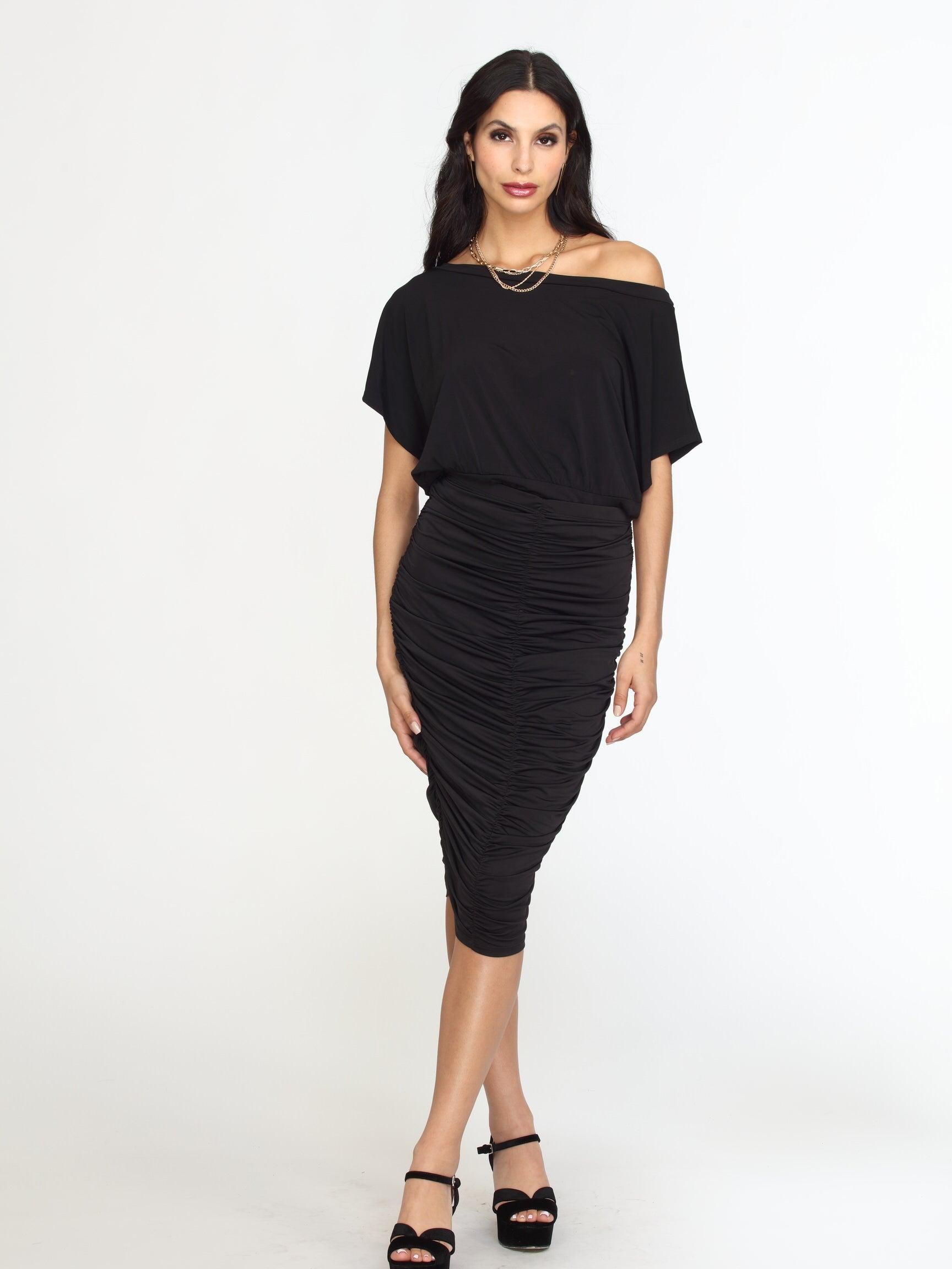 Black Venezia Shirred Skirt