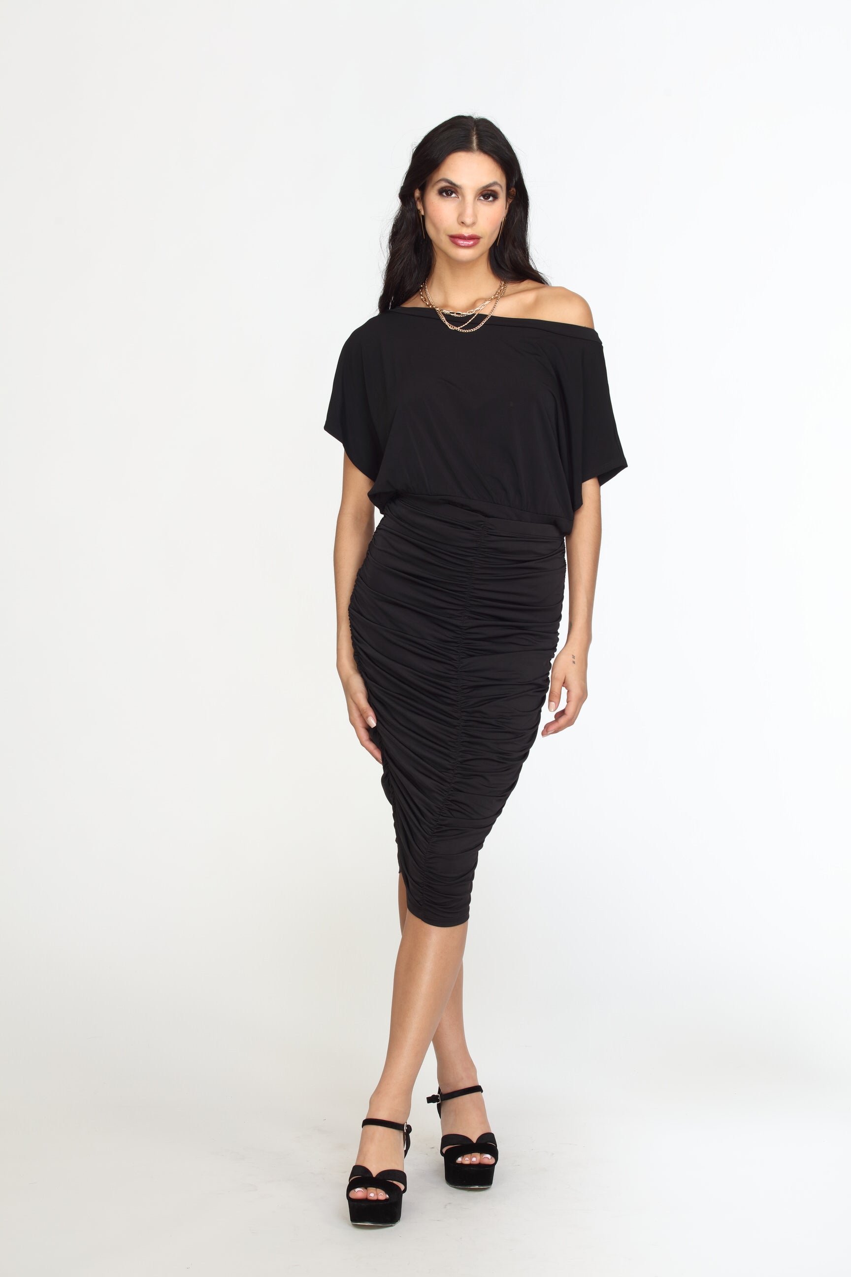 Black Venezia Shirred Skirt