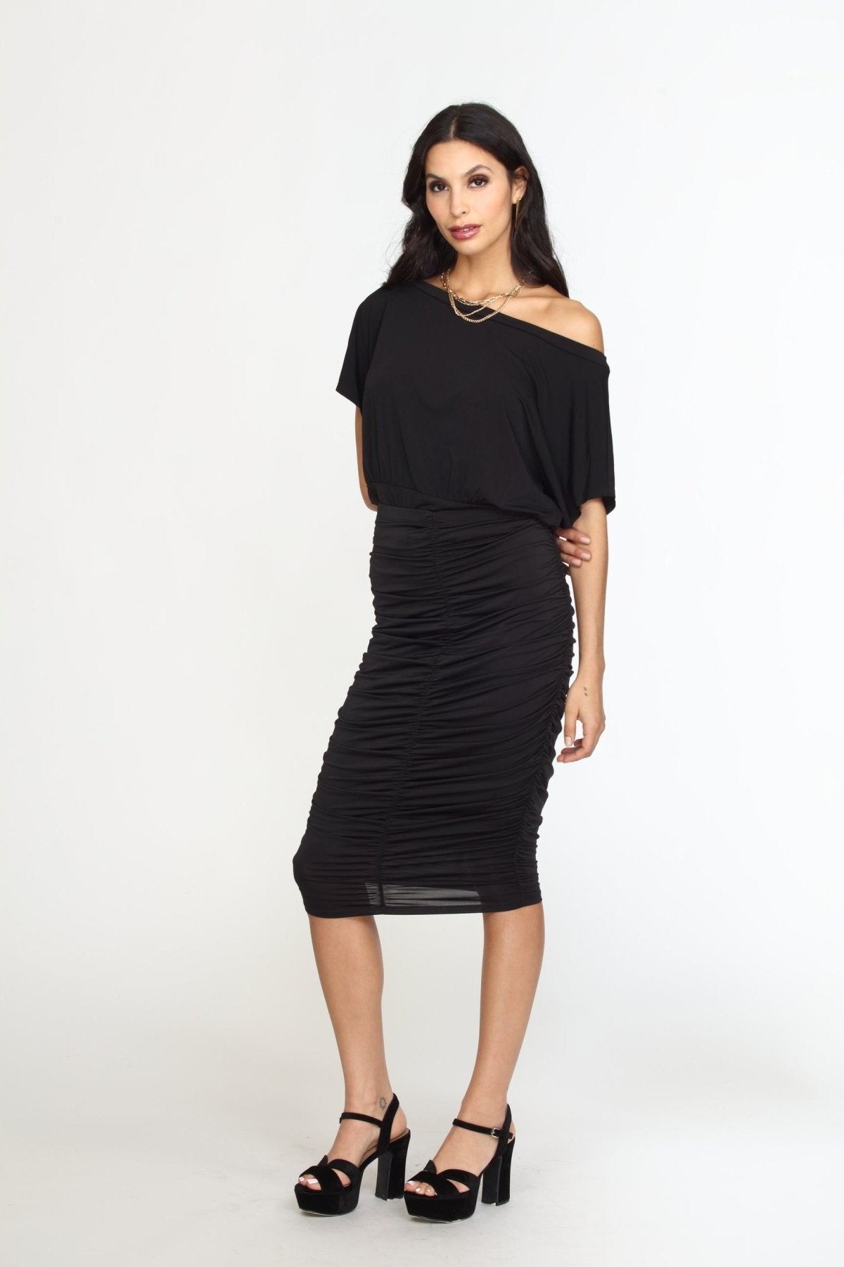 Black Venezia Shirred Skirt