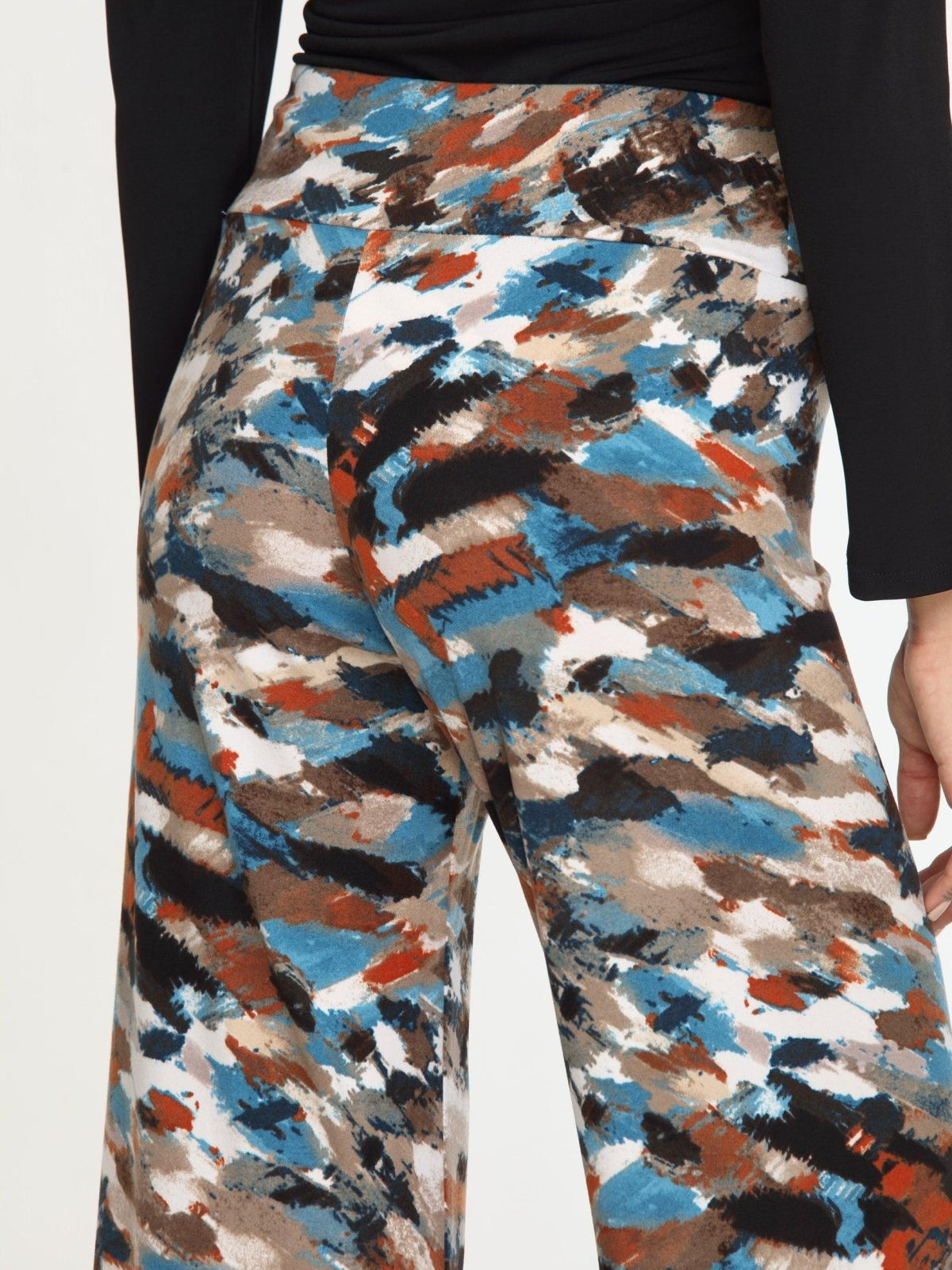 backside of multicolored wideleg pants