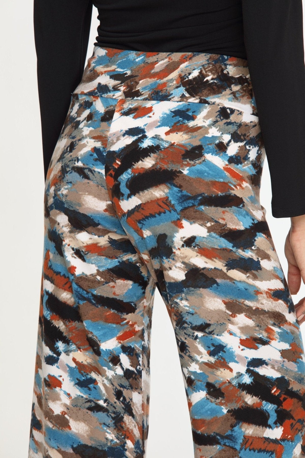 backside of multicolored wideleg pants