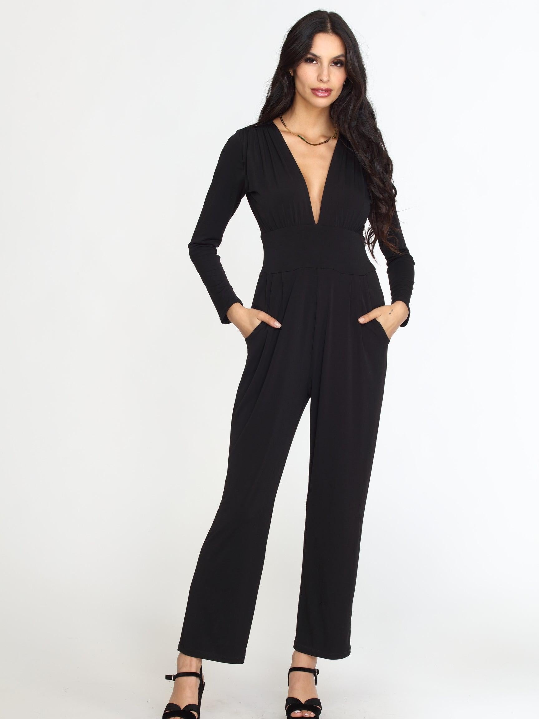 Black Deep V-Neck Jumpsuit -FINAL SALE