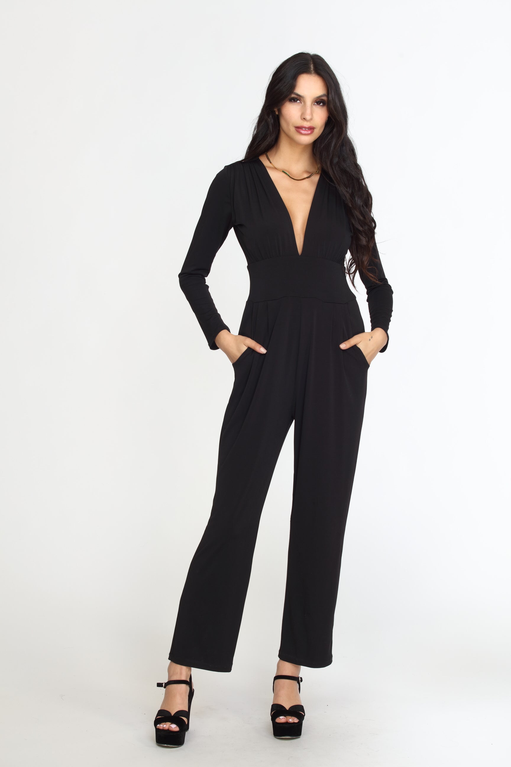 Black Deep V-Neck Jumpsuit -FINAL SALE