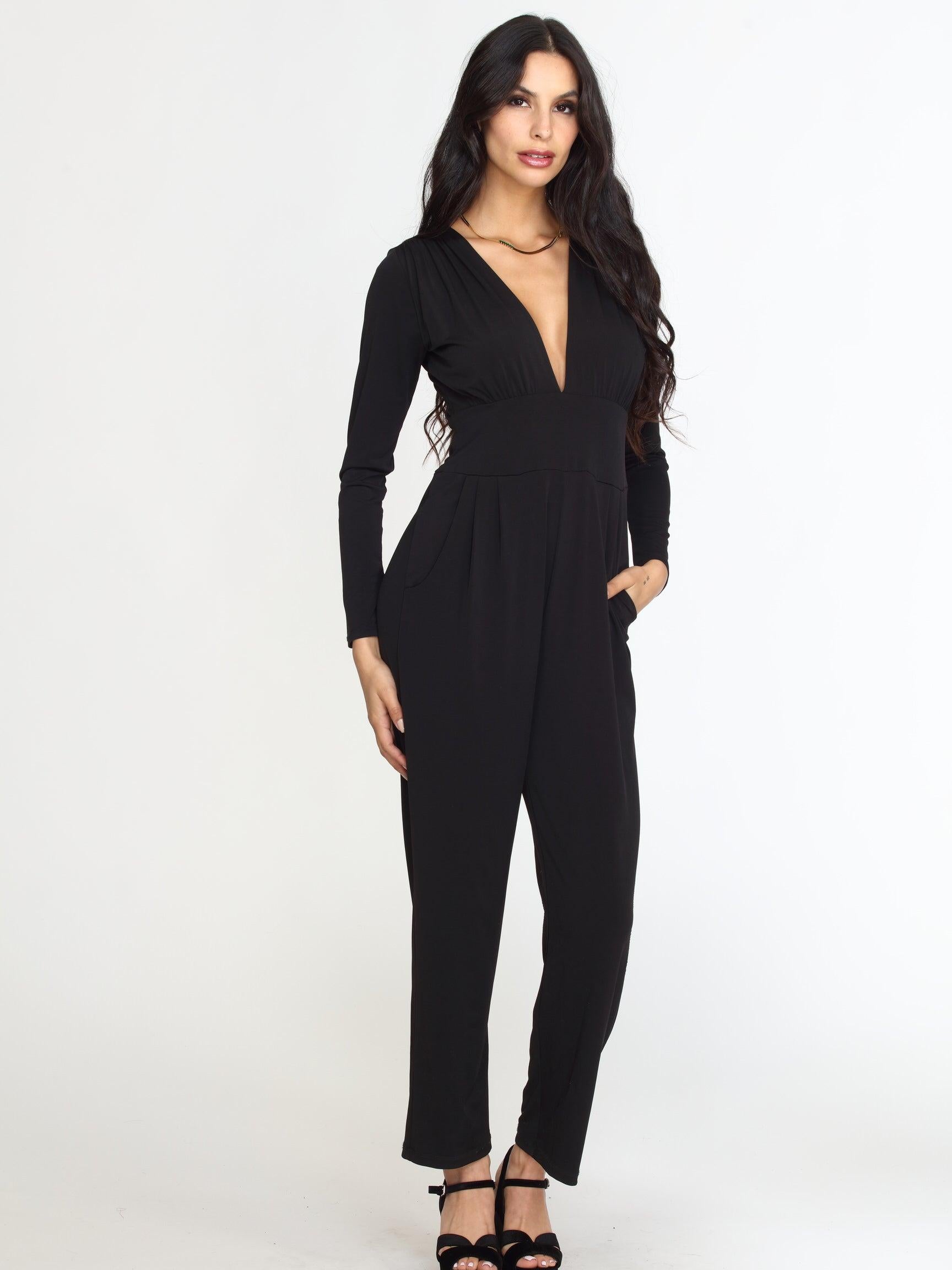 Black Deep V-Neck Jumpsuit -FINAL SALE