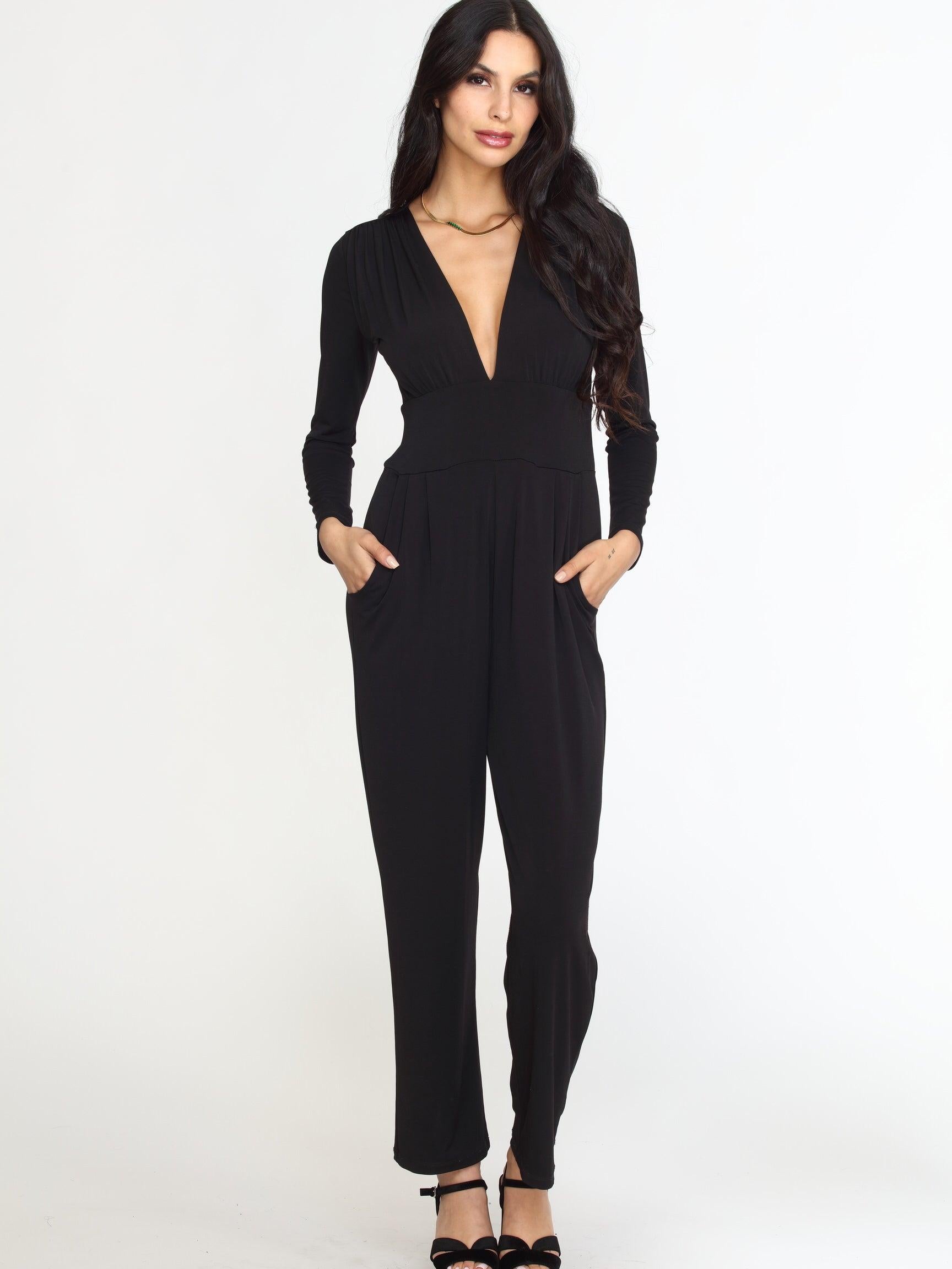 Black Deep V-Neck Jumpsuit -FINAL SALE