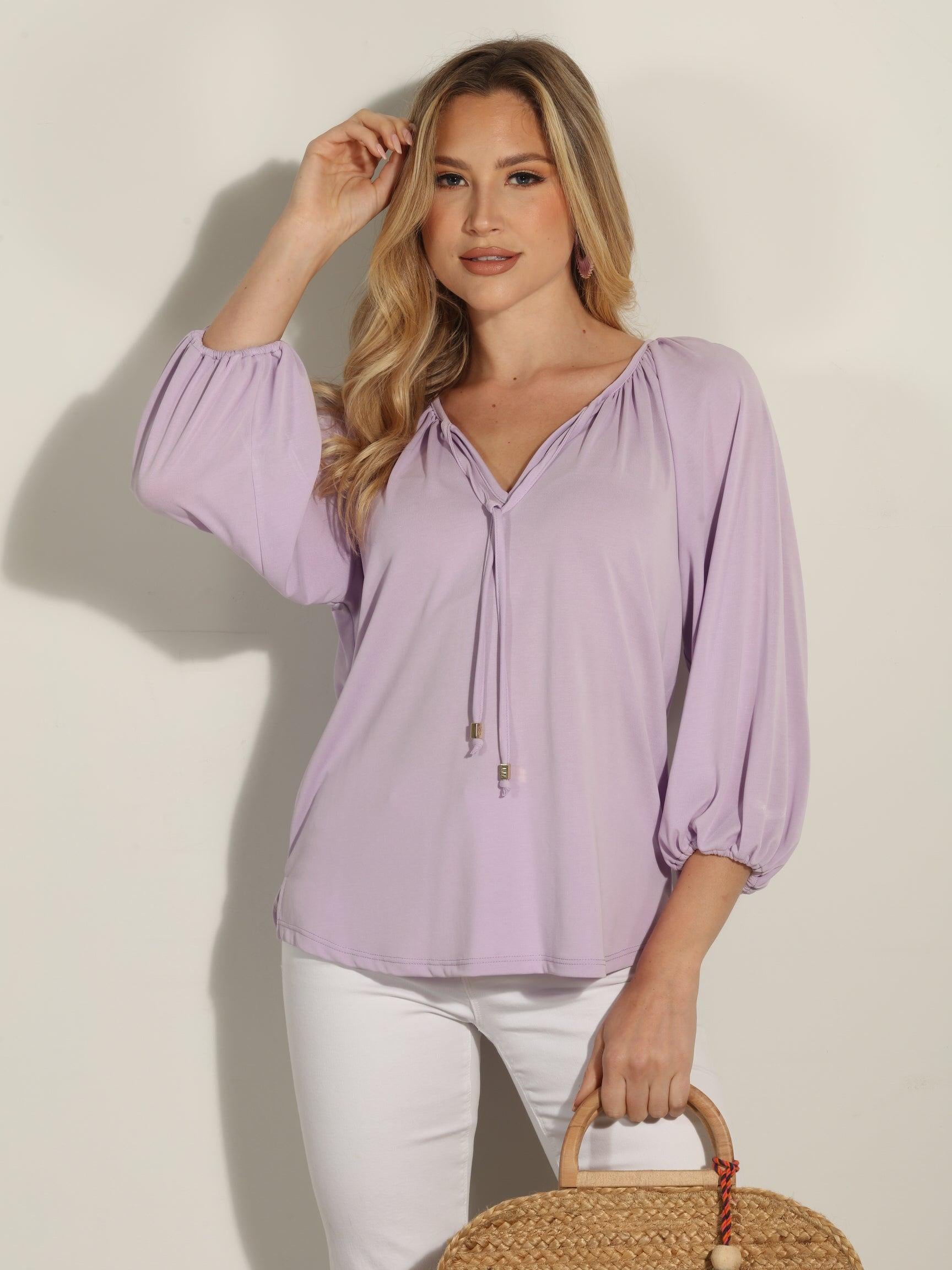 Lilac Cupro Stretch Split Neck Top-BEST SELLER
