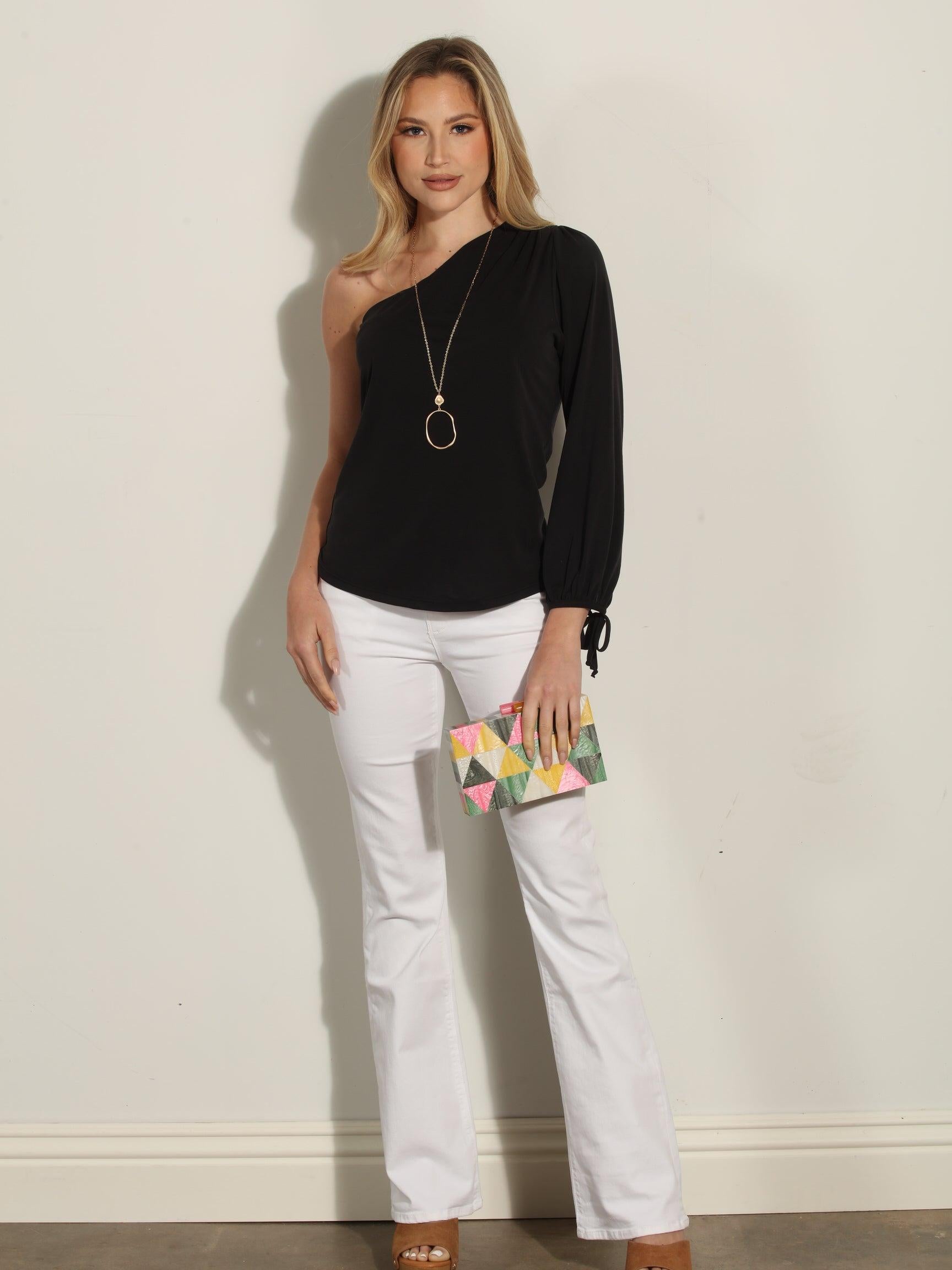 Black Cupro One Shoulder Asymmetrical Top