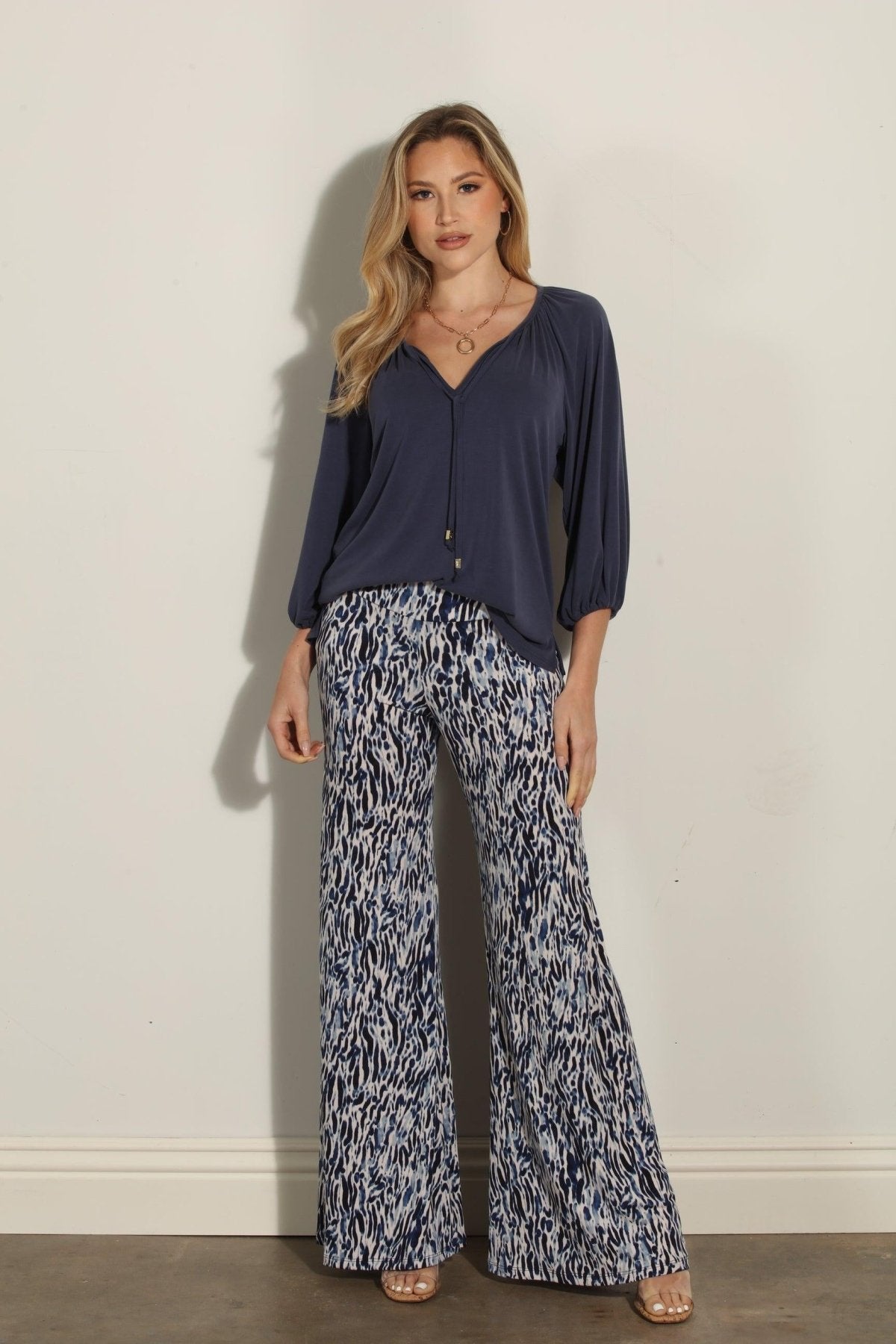 Navy Cupro Stretch Split Neck Top