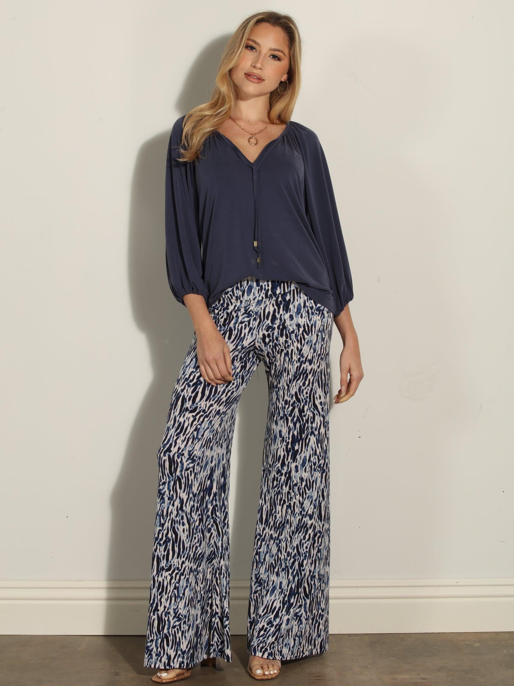 Navy Cupro Stretch Split Neck Top